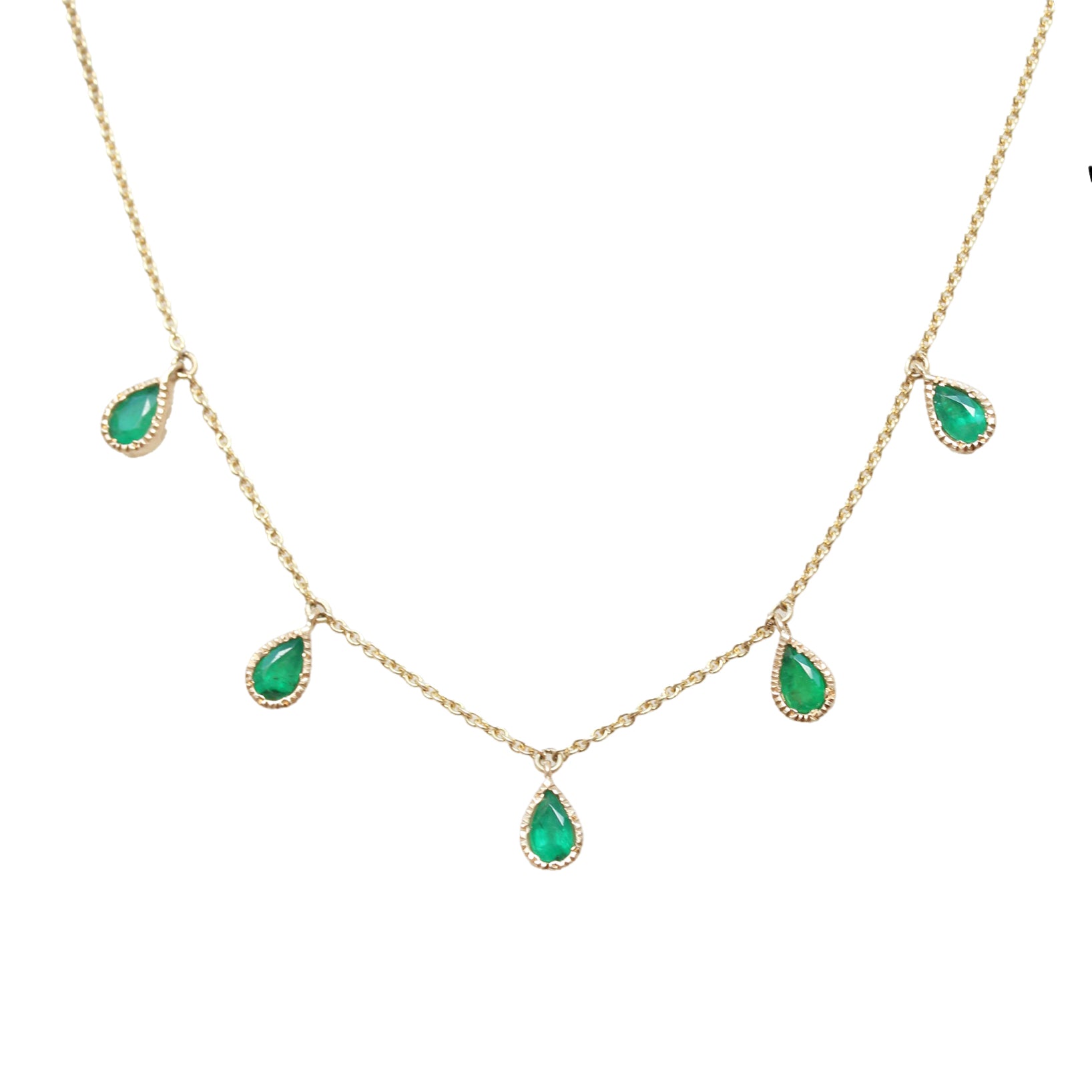 Five Pear Shape Emerald Bezel Set Station Necklace