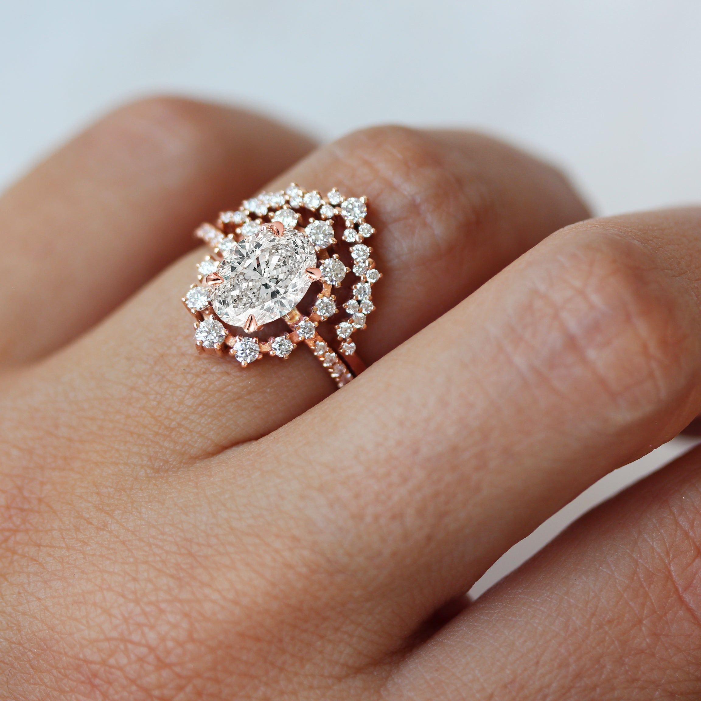 Oval Lab Diamond Halo Unique Wedding Three Ring set - Glory ♥