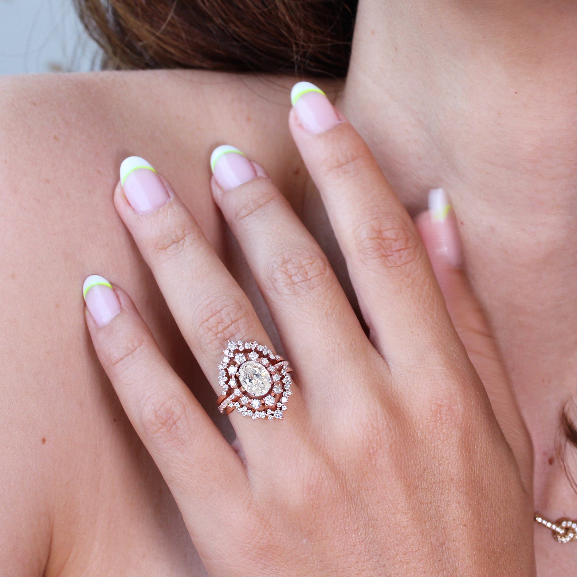 Oval Lab Diamond Halo Unique Wedding Three Ring set - Glory ♥