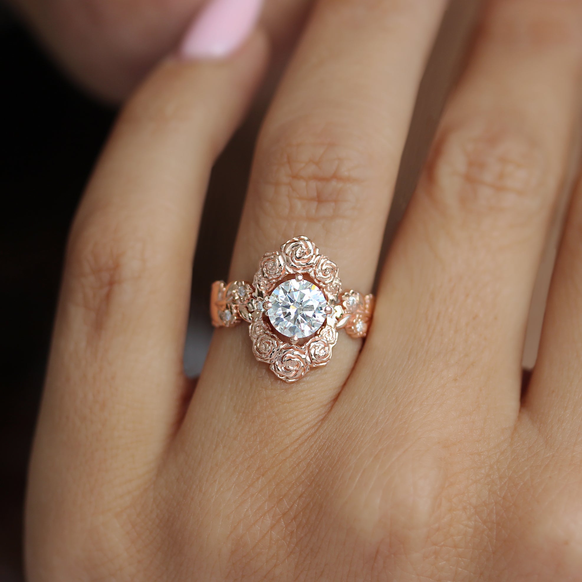 Romantic Floral 1.5CT Round Diamond Solitaire Engagement Ring - Juliet's Garden