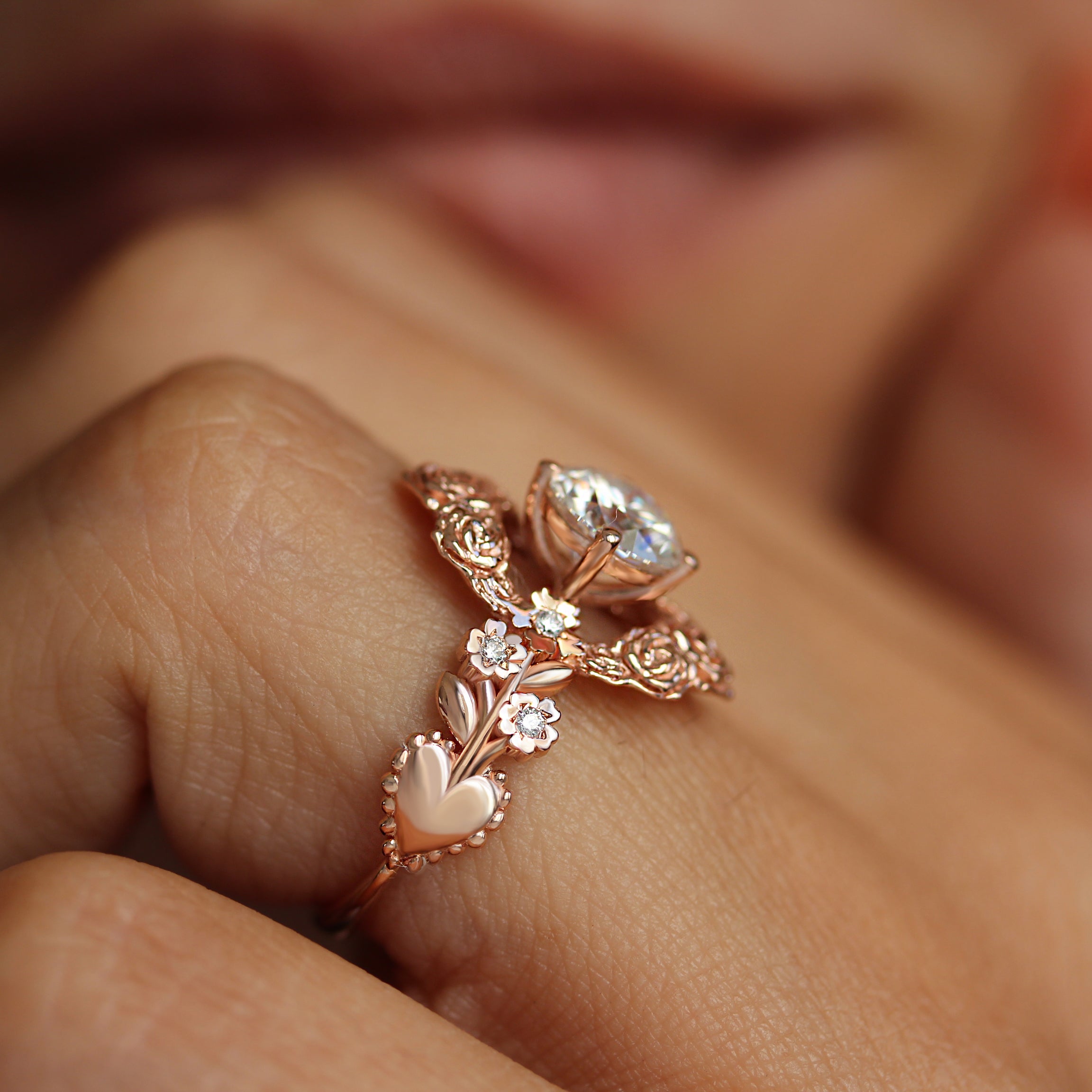 Romantic Floral 1.5CT Round Diamond Solitaire Engagement Ring - Juliet's Garden