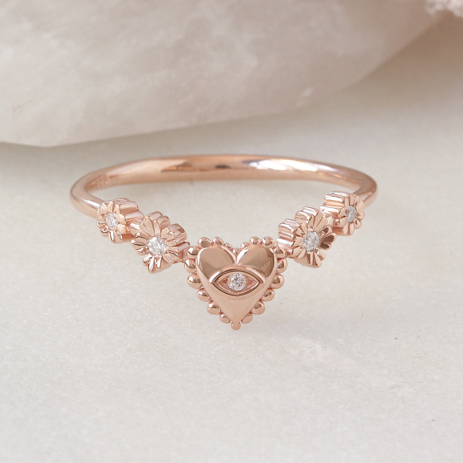 Heart Eye Flowers Gold Diamond Nesting Wedding Ring - Eden Floral Guardian
