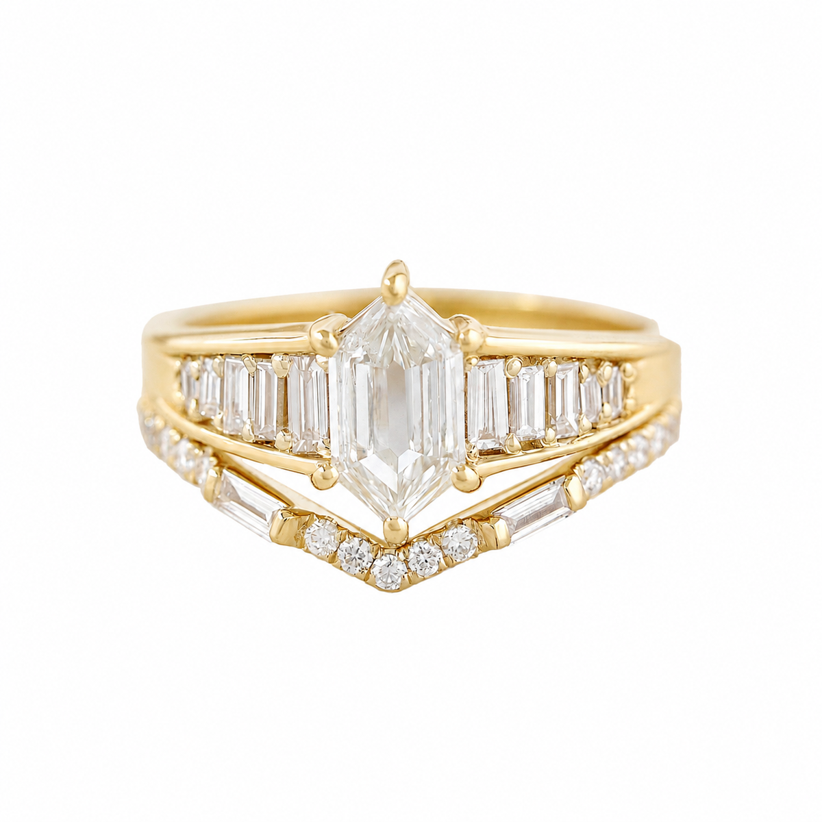 Hexagon and Baguette Diamond Engagement Ring Set