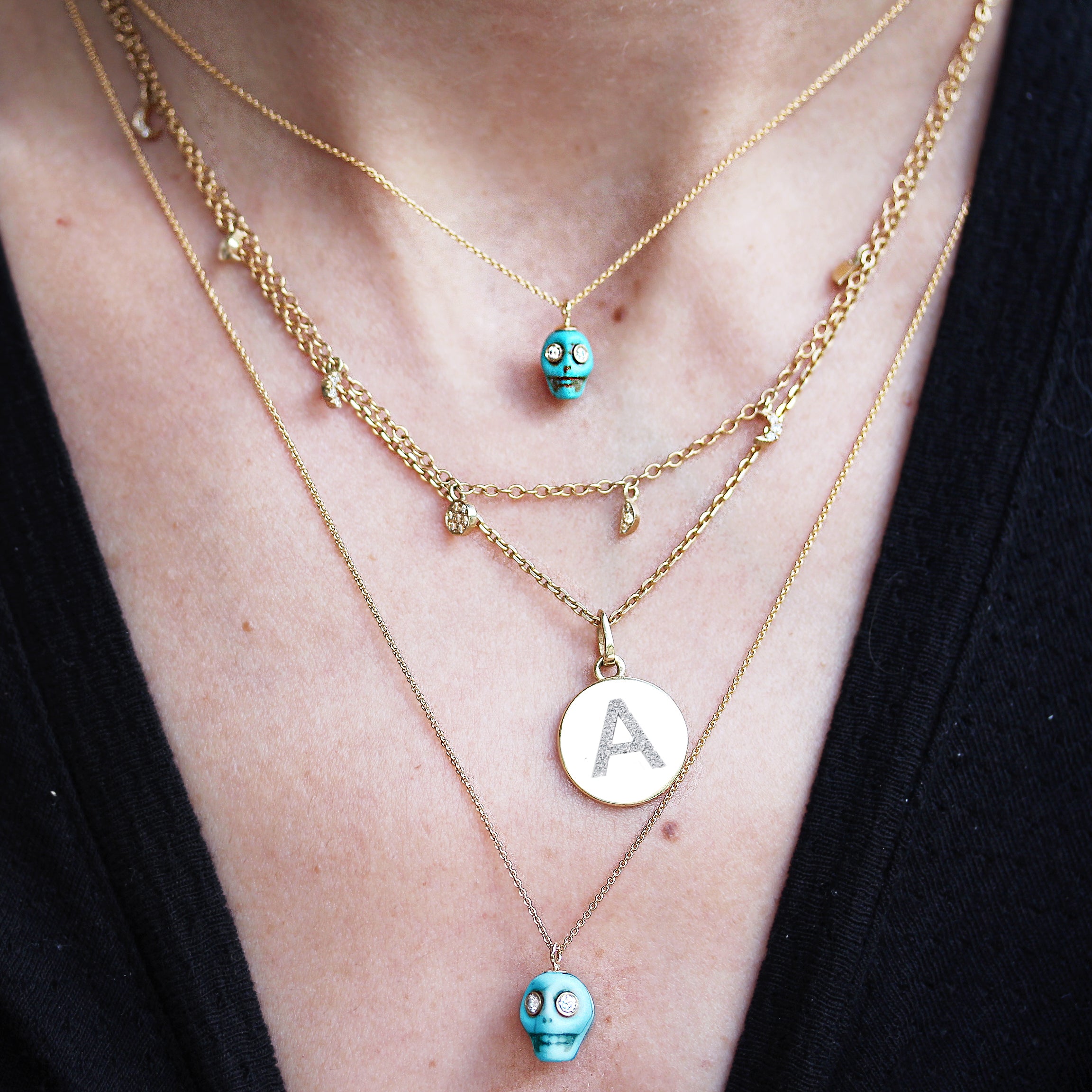 Hand Carved Skull Turquoise Gold & Diamonds Tribal Charm
