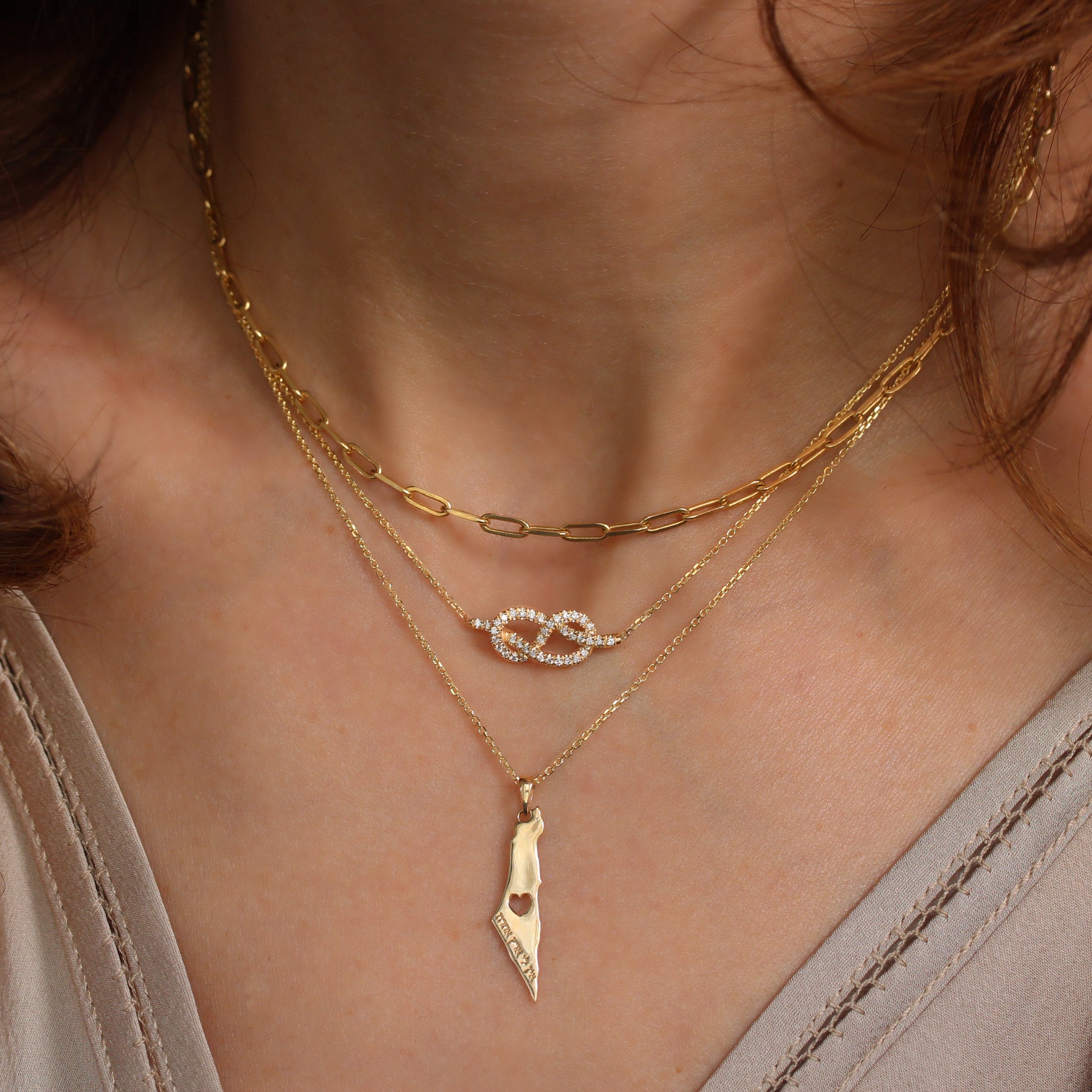 Israel Map Heart - Am Israel Chai Gold Pendant Necklace