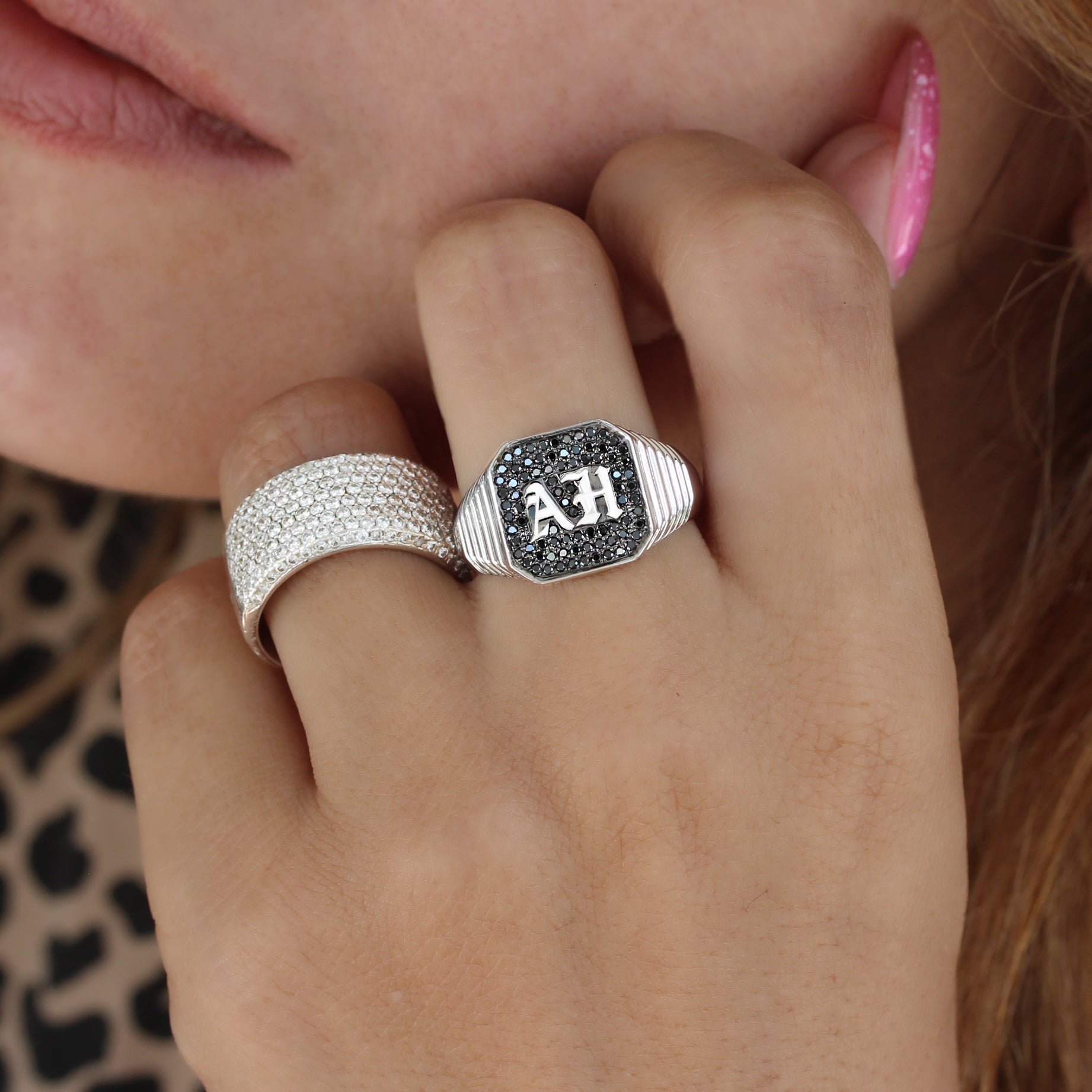 Men's Gothic Initials Signet Ring with Black Diamonds  – Unisex College Ring
