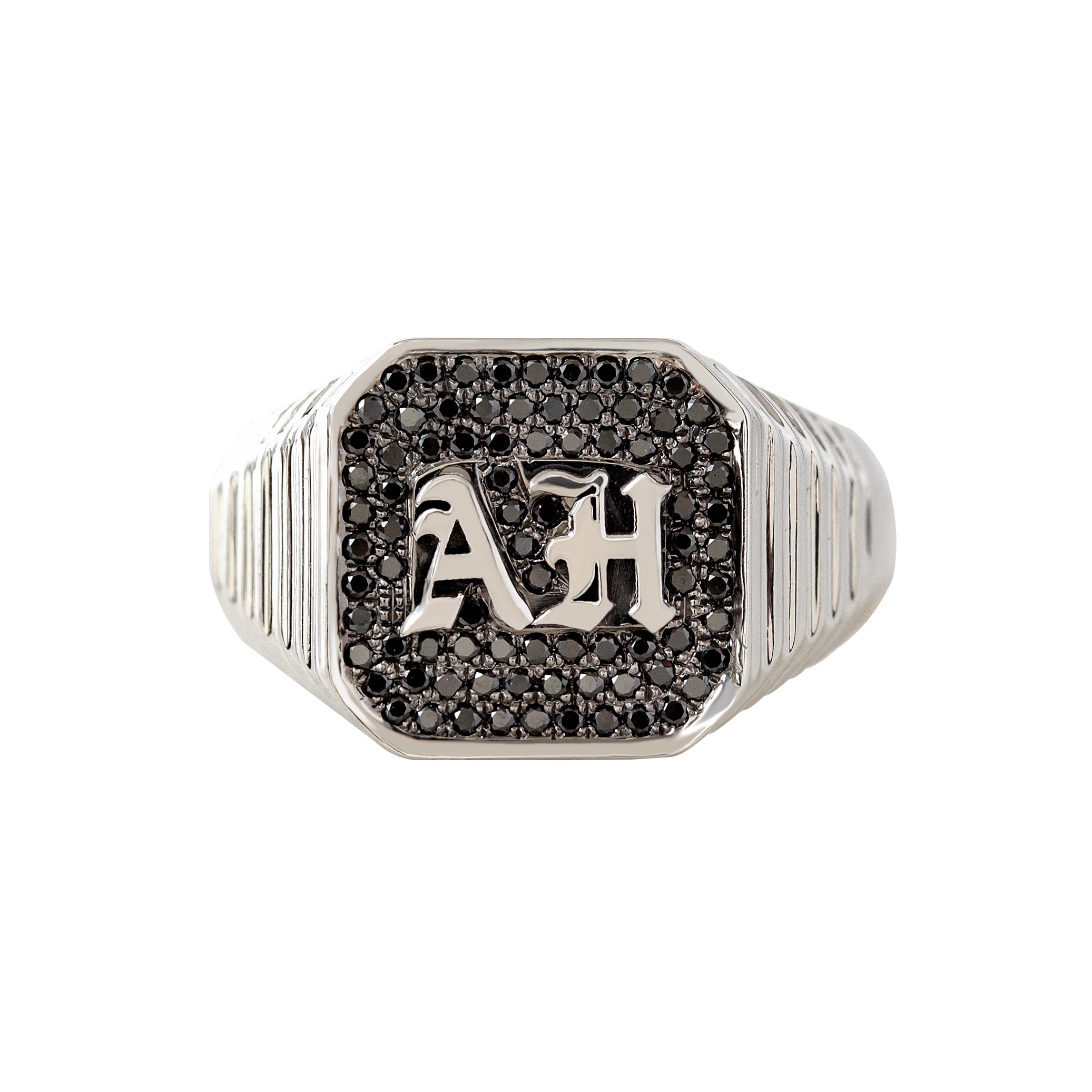 Men's Gothic Initials Signet Ring with Black Diamonds  – Unisex College Ring