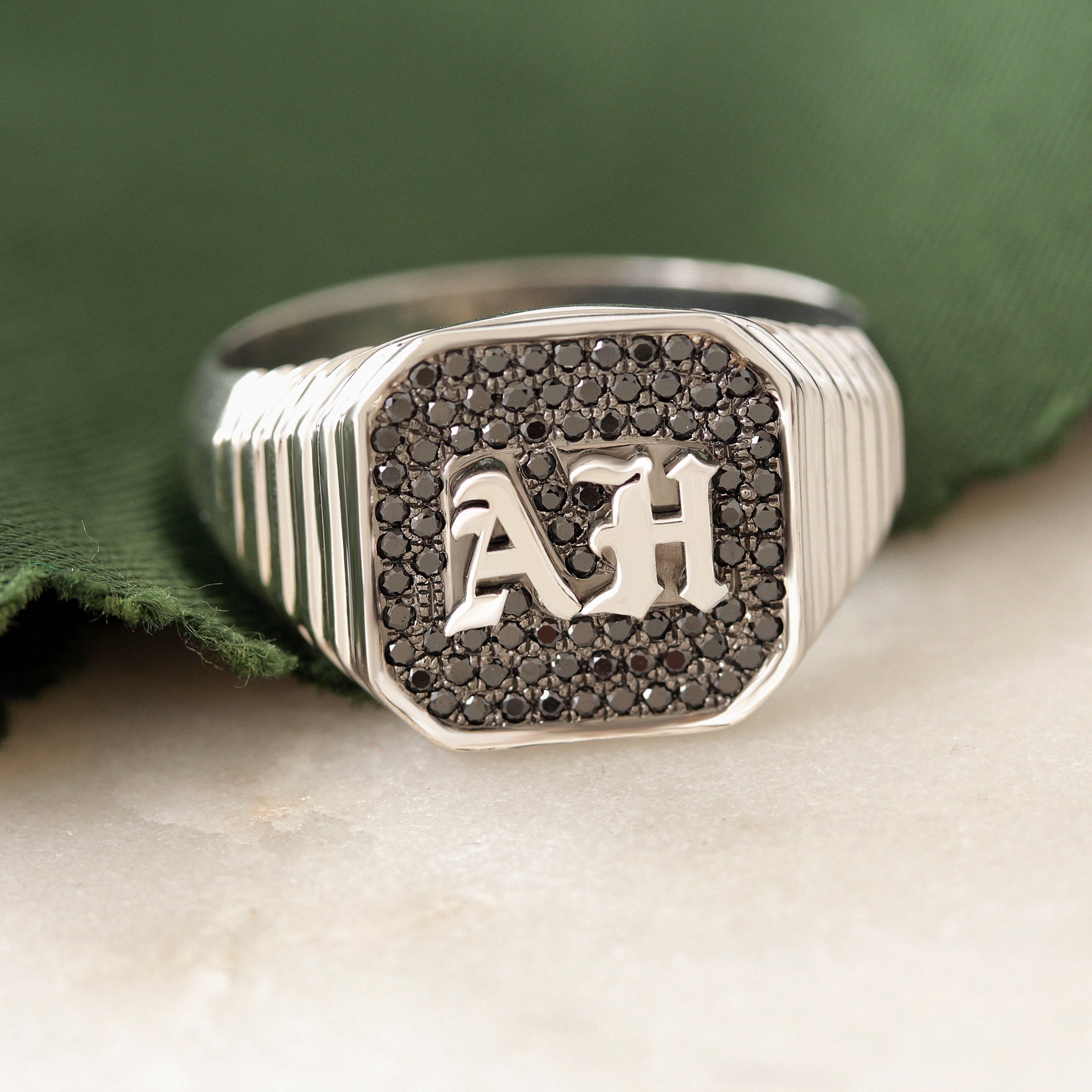 Men's Gothic Initials Signet Ring with Black Diamonds  – Unisex College Ring