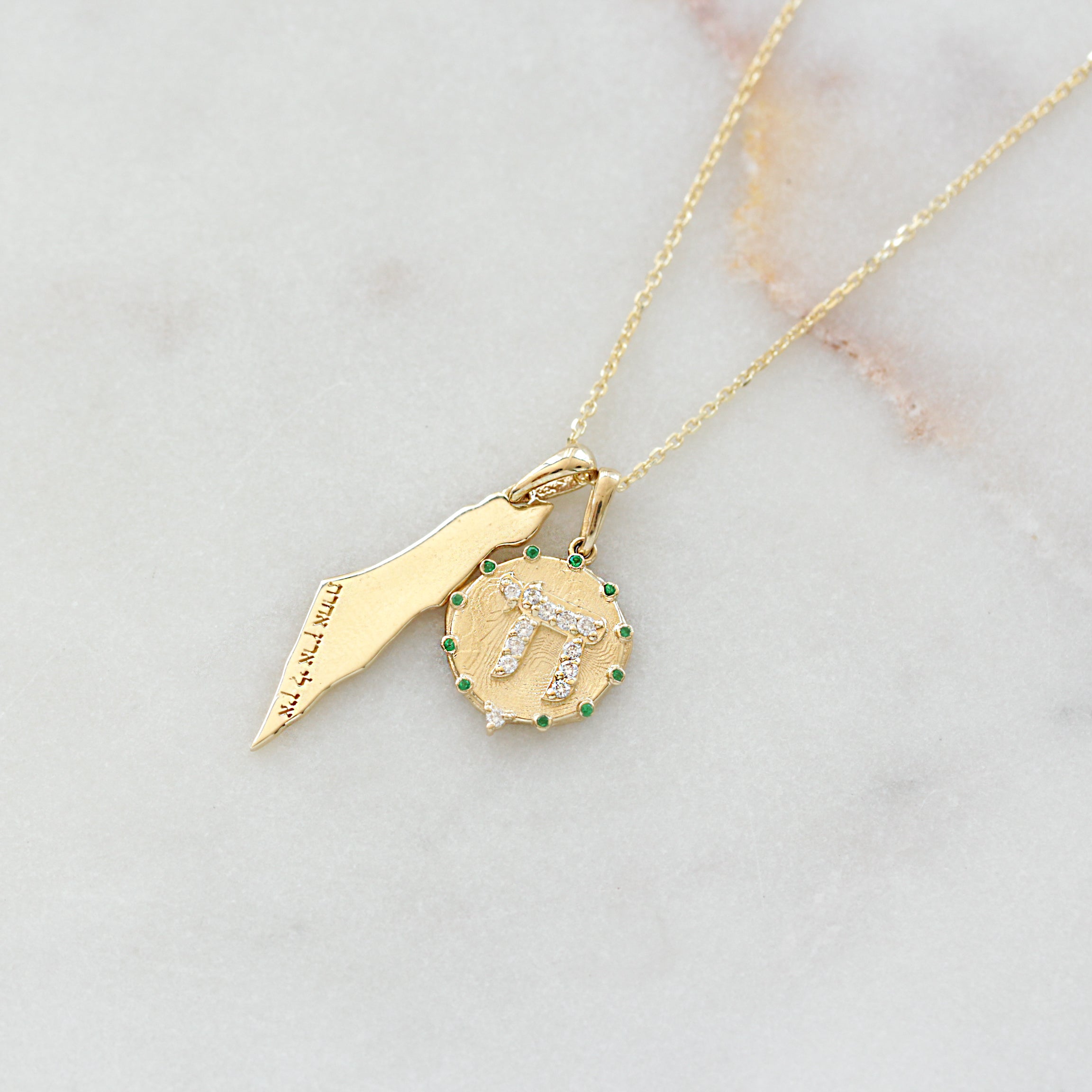 Chai Pendant Necklace - Gold and Diamond Am Yisrael Chai Coin Pendant Necklace שרשרת חי