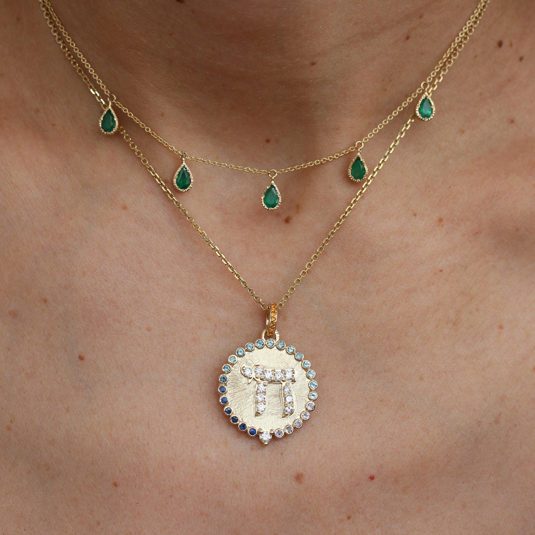 Large Chai Birthstone Pendant Necklace - Gold and Diamond Am Yisrael Chai Coin Pendant Necklace שרשרת חי