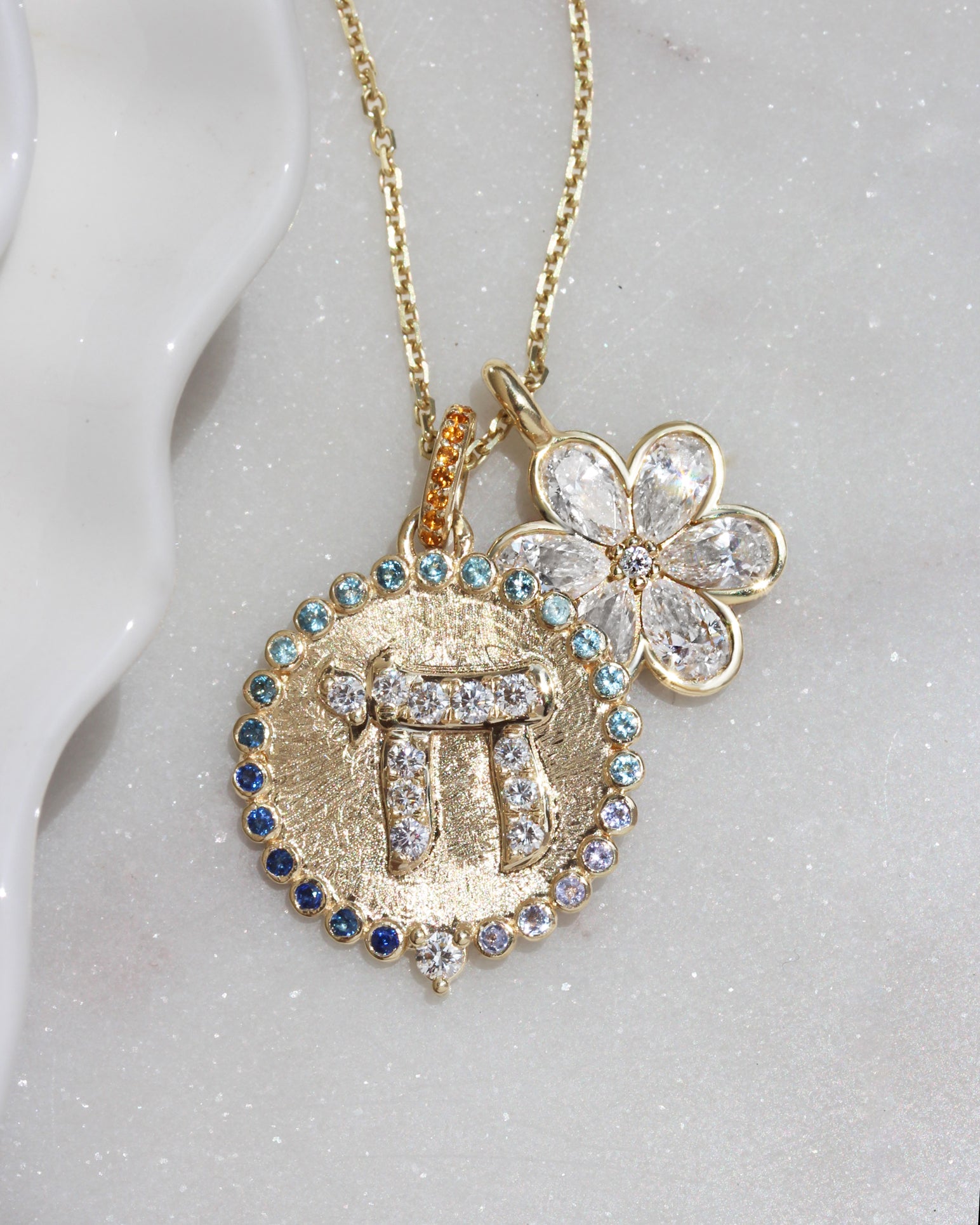 Large Chai Birthstone Pendant Necklace - Gold and Diamond Am Yisrael Chai Coin Pendant Necklace שרשרת חי