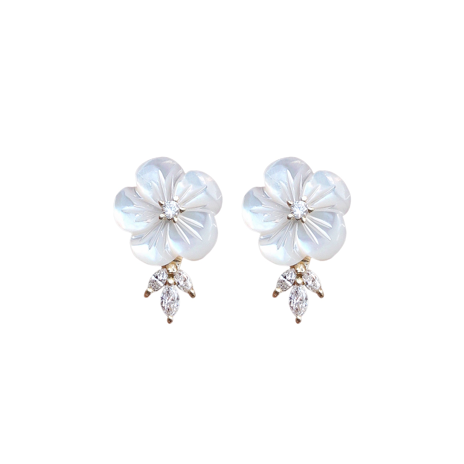 Large Pearl Flower Marquise Diamond Stud Earring, Bridal Earrings