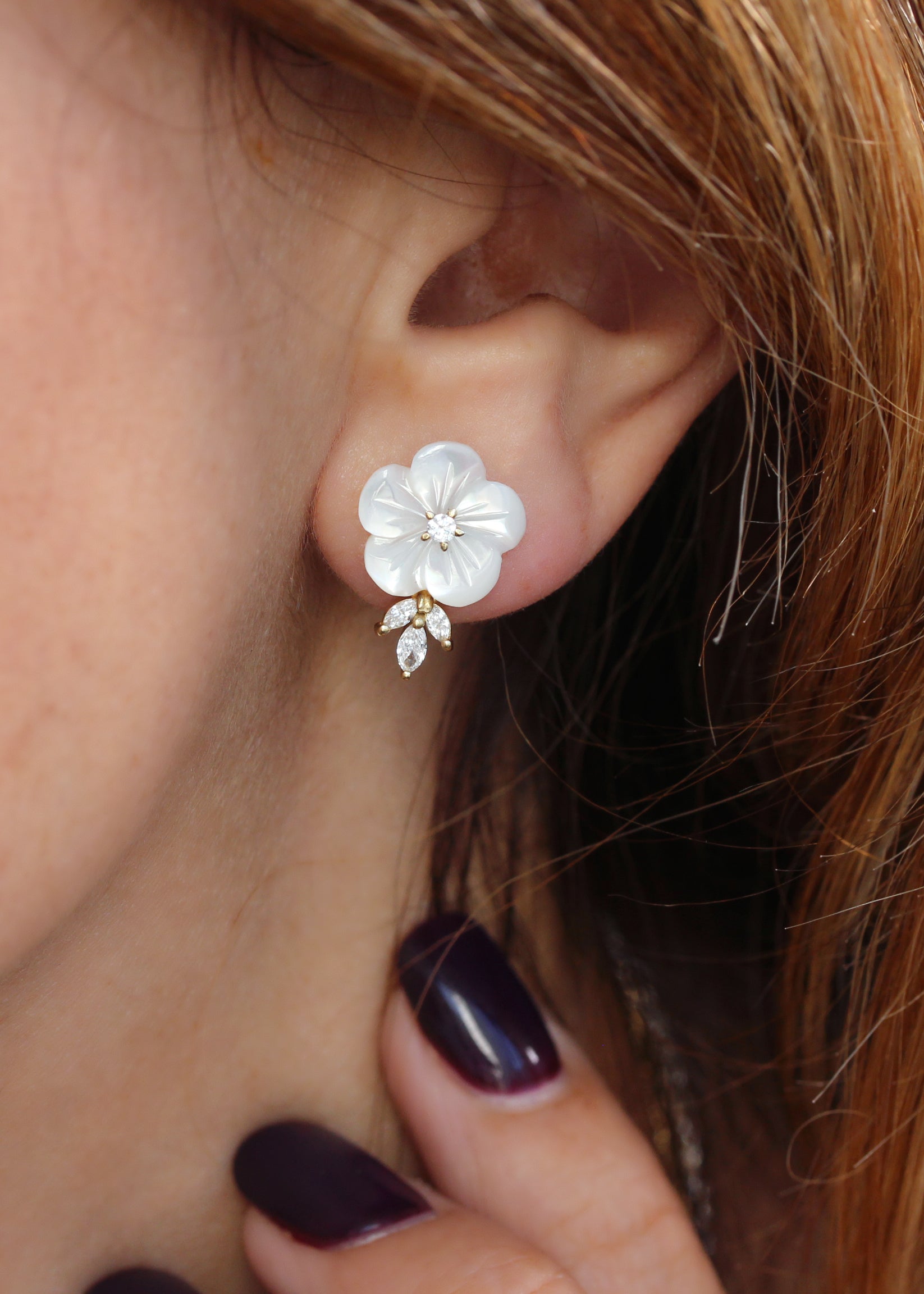 Large Pearl Flower Marquise Diamond Stud Earring, Bridal Earrings