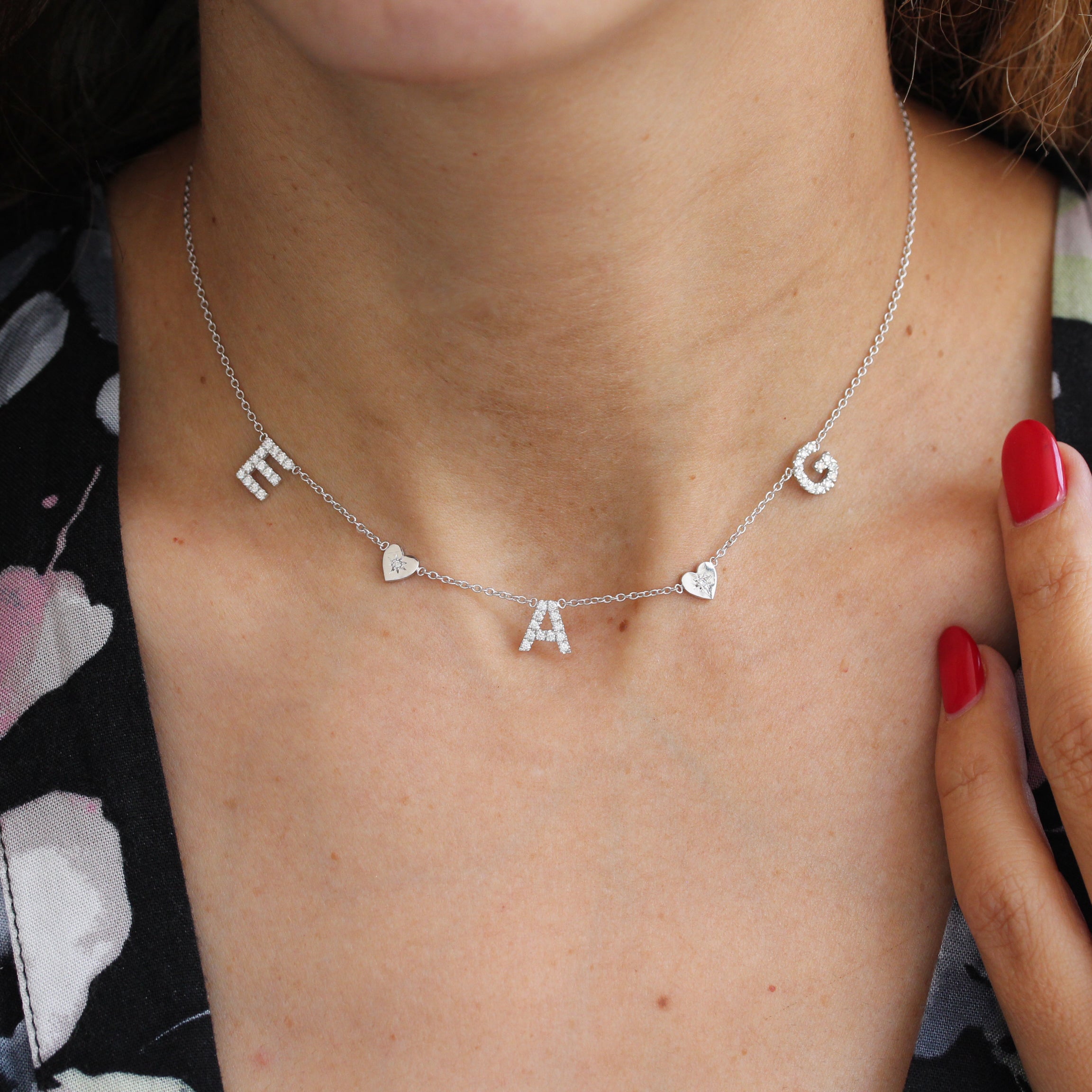 3 Letters and two Hearts and Pave Diamond Initials Personalized Necklace