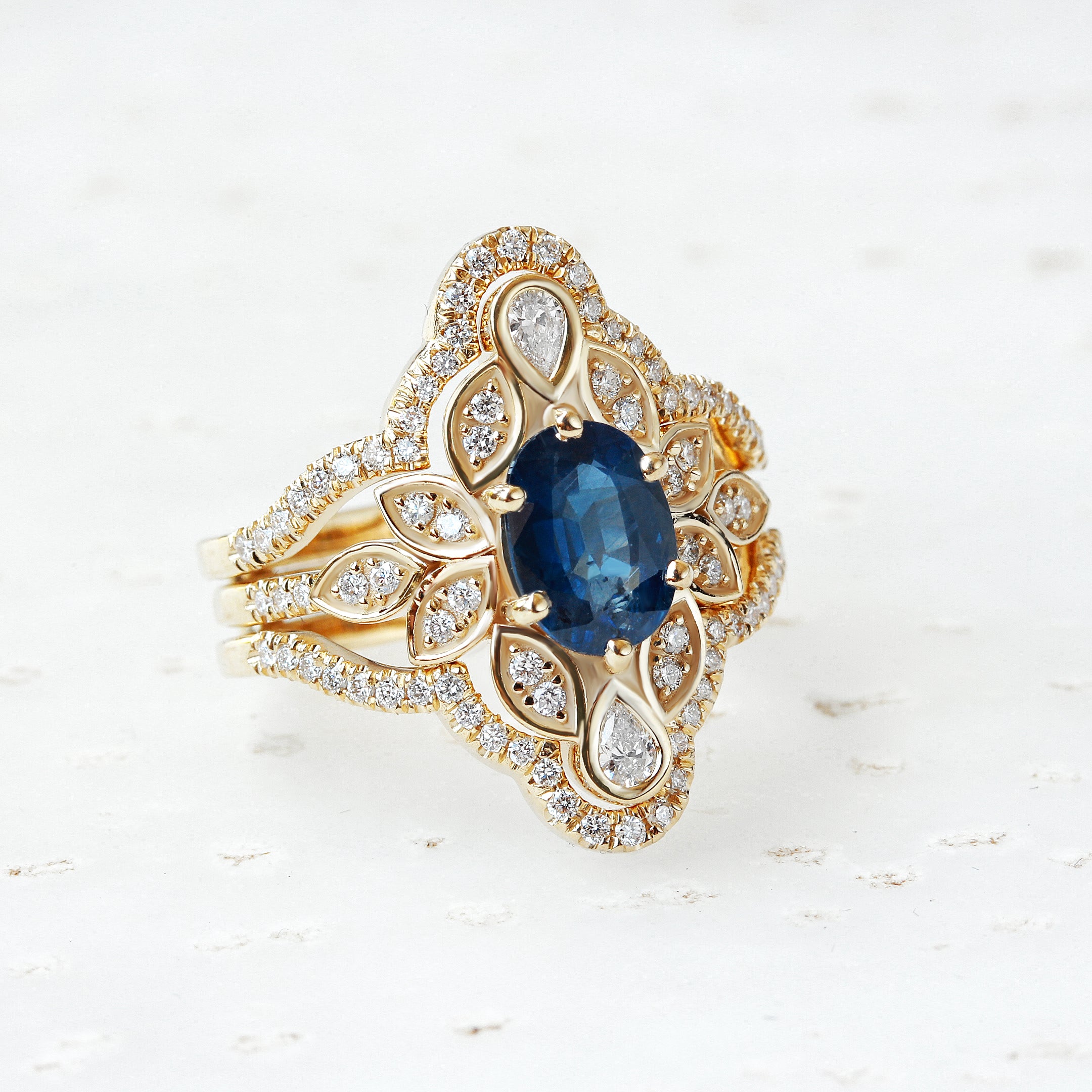 Lily #4 Blue Sapphire & Diamond Flower Unique Engagement Ring Set