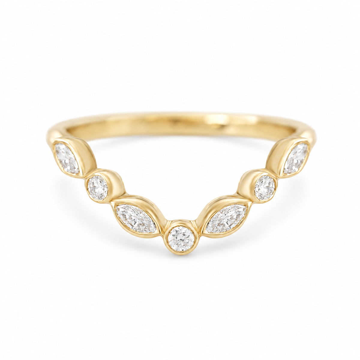 Bezel Setting Chevron Nesting V Ring, Unique Wedding Ring, 14K Rose Gold, Lily Emma Sideband