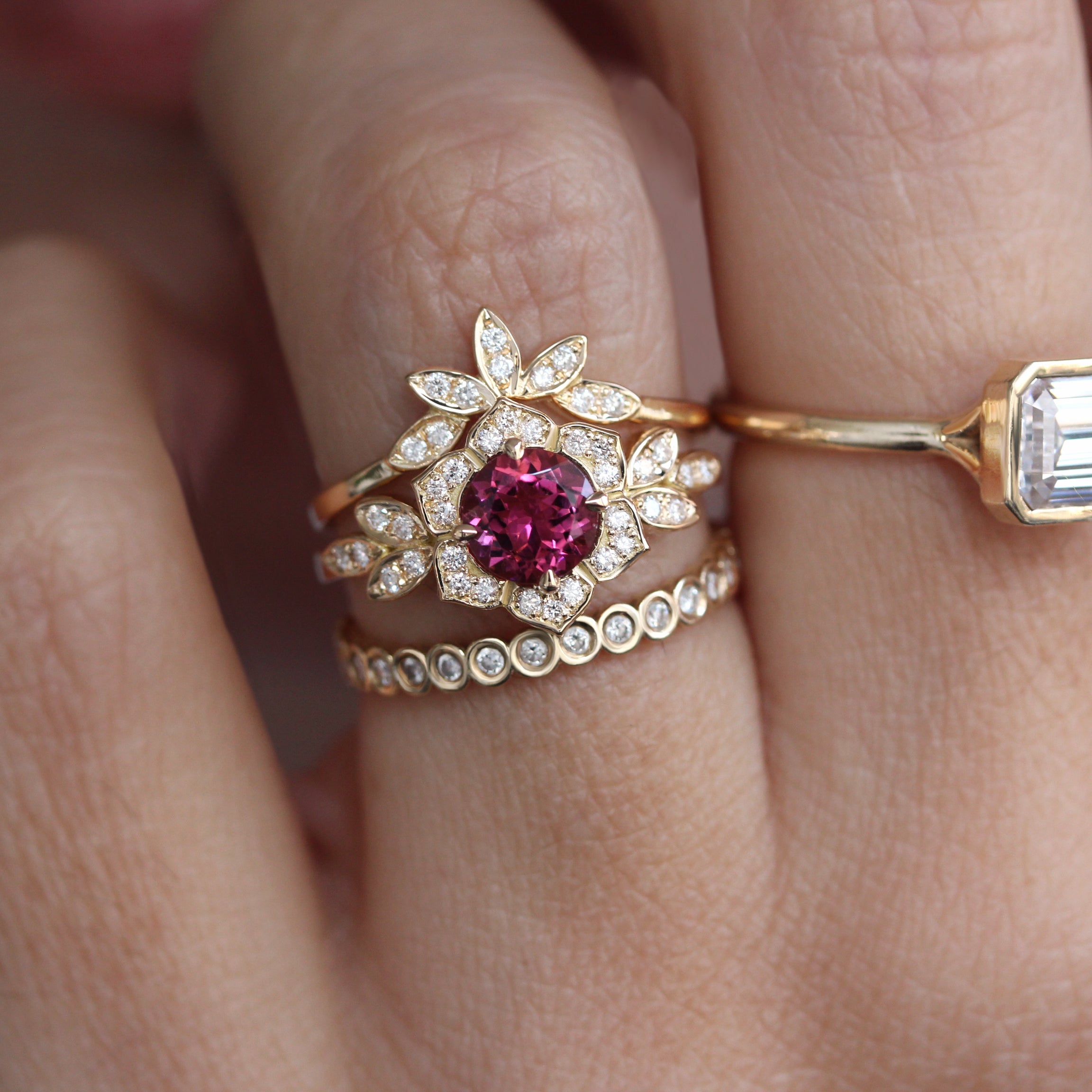Tourmaline & Diamonds Unique Engagement Ring Set - "Lily Flower"