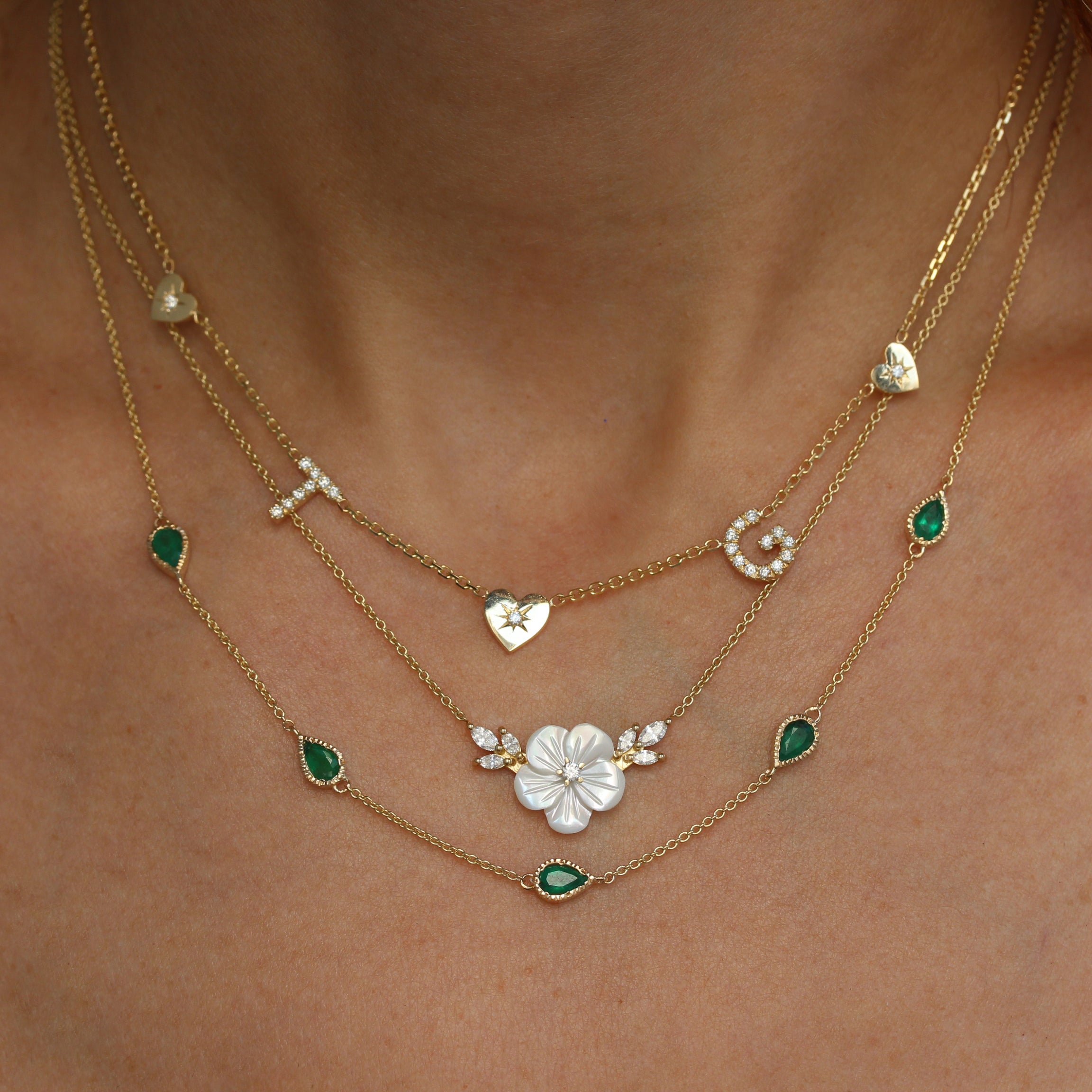 two diamond initials three hearts yellow gold diamond personalized name necklace
