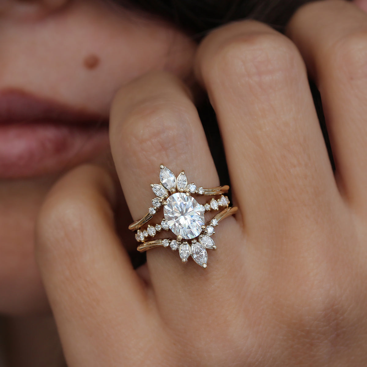 Oval Diamond Dots Band Engagement Ring With Diamond Ring Guard Enhance ...