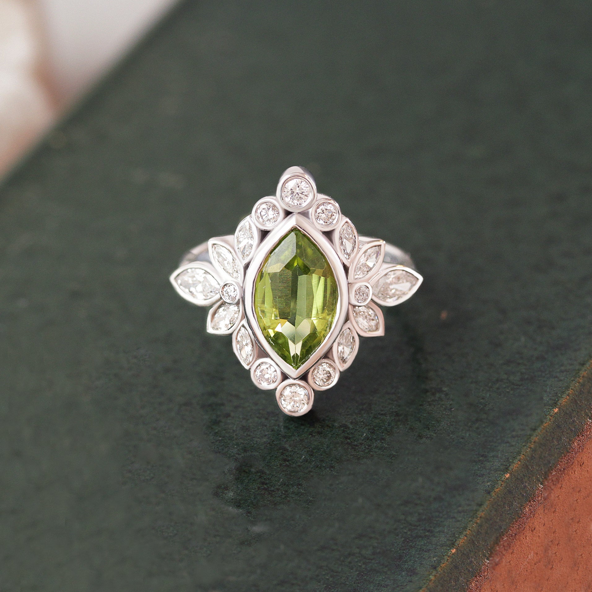 Peridot Marquise and Diamond Halo Bezel Settings Gemstone Engagement Ring - Alicent