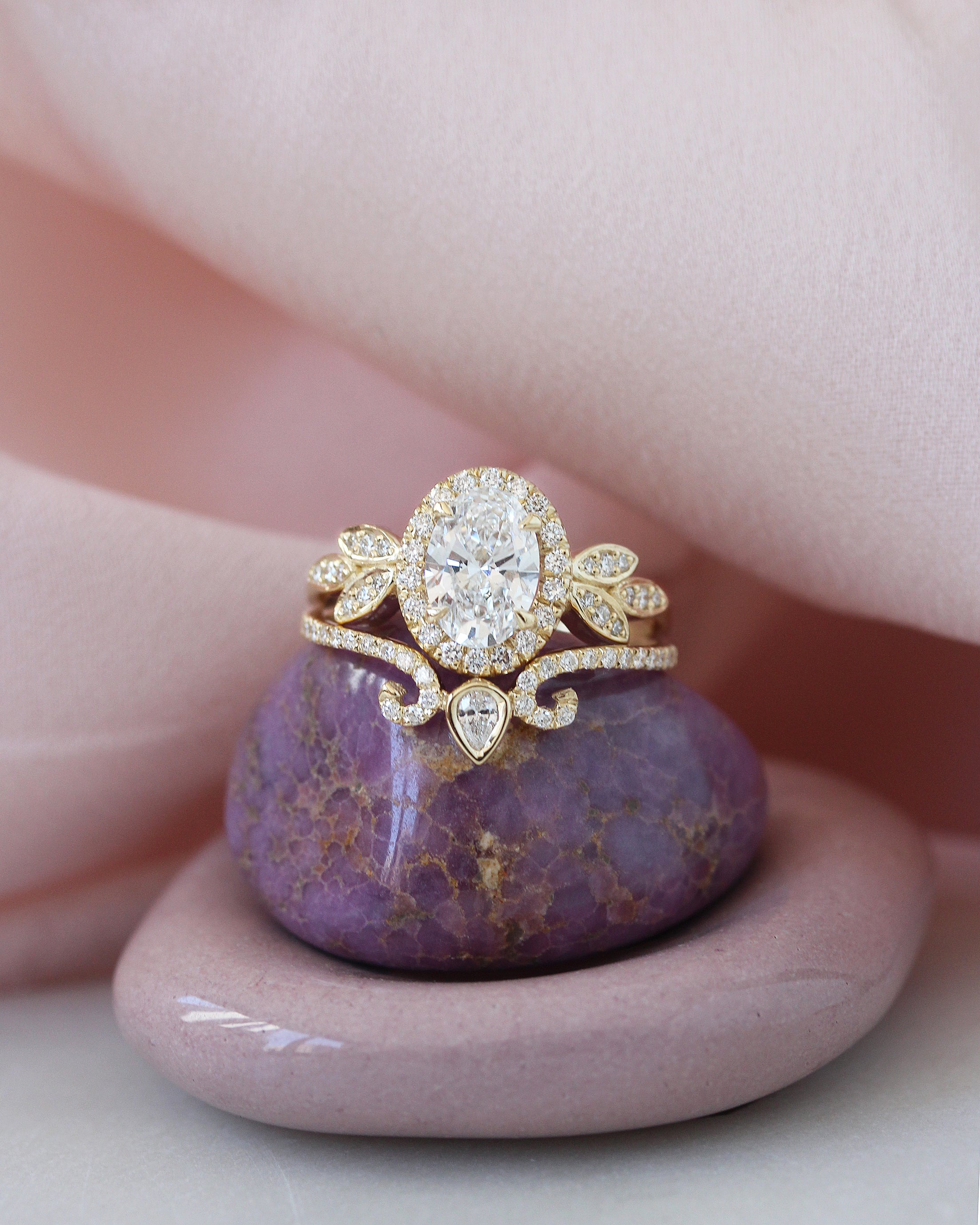 Oval Diamond Engagement Two Rings Set - Minimal Lily & Ariana ♥