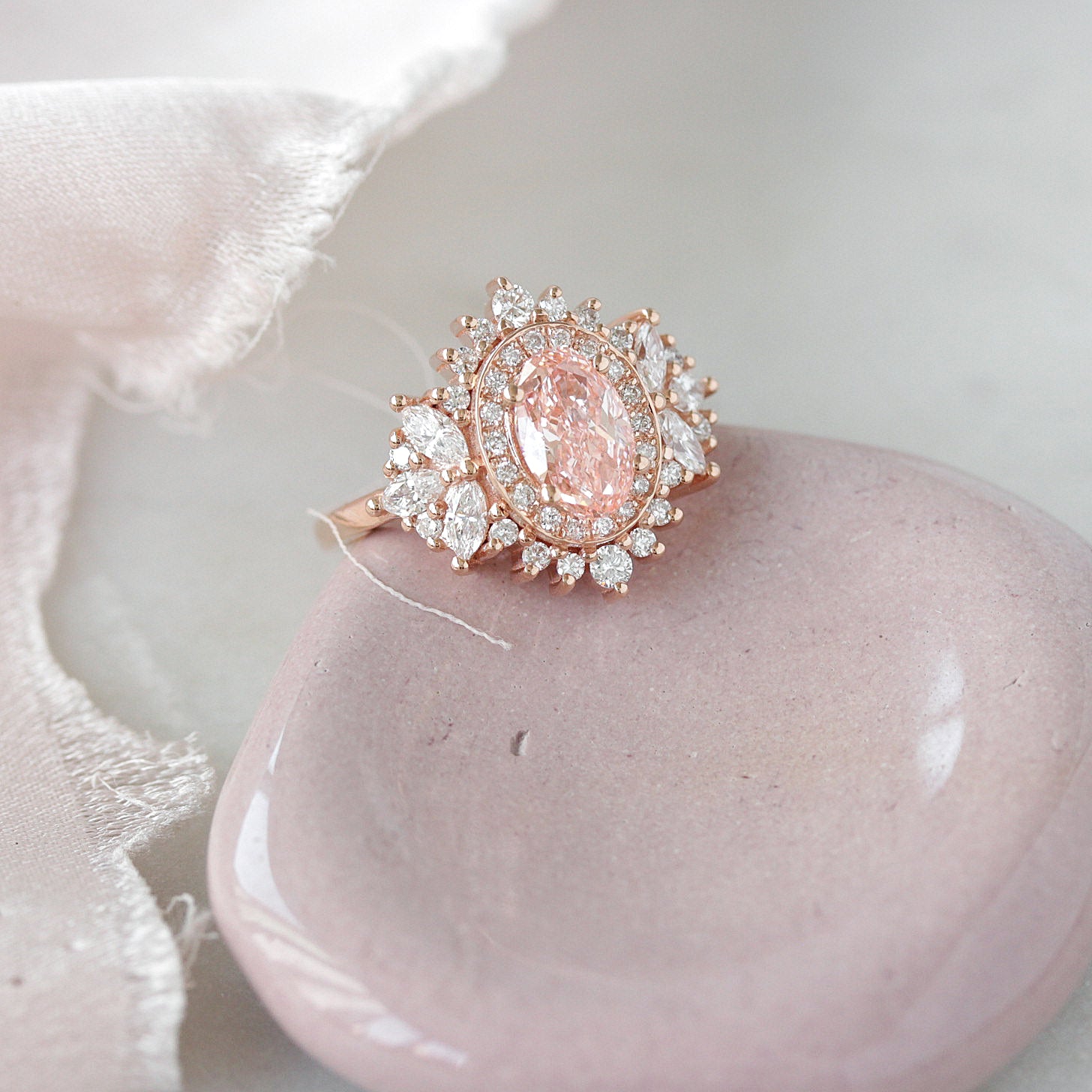 Pink oval Diamond Double Halo Engagement Ring with a Matching Ring Guard - Monaco