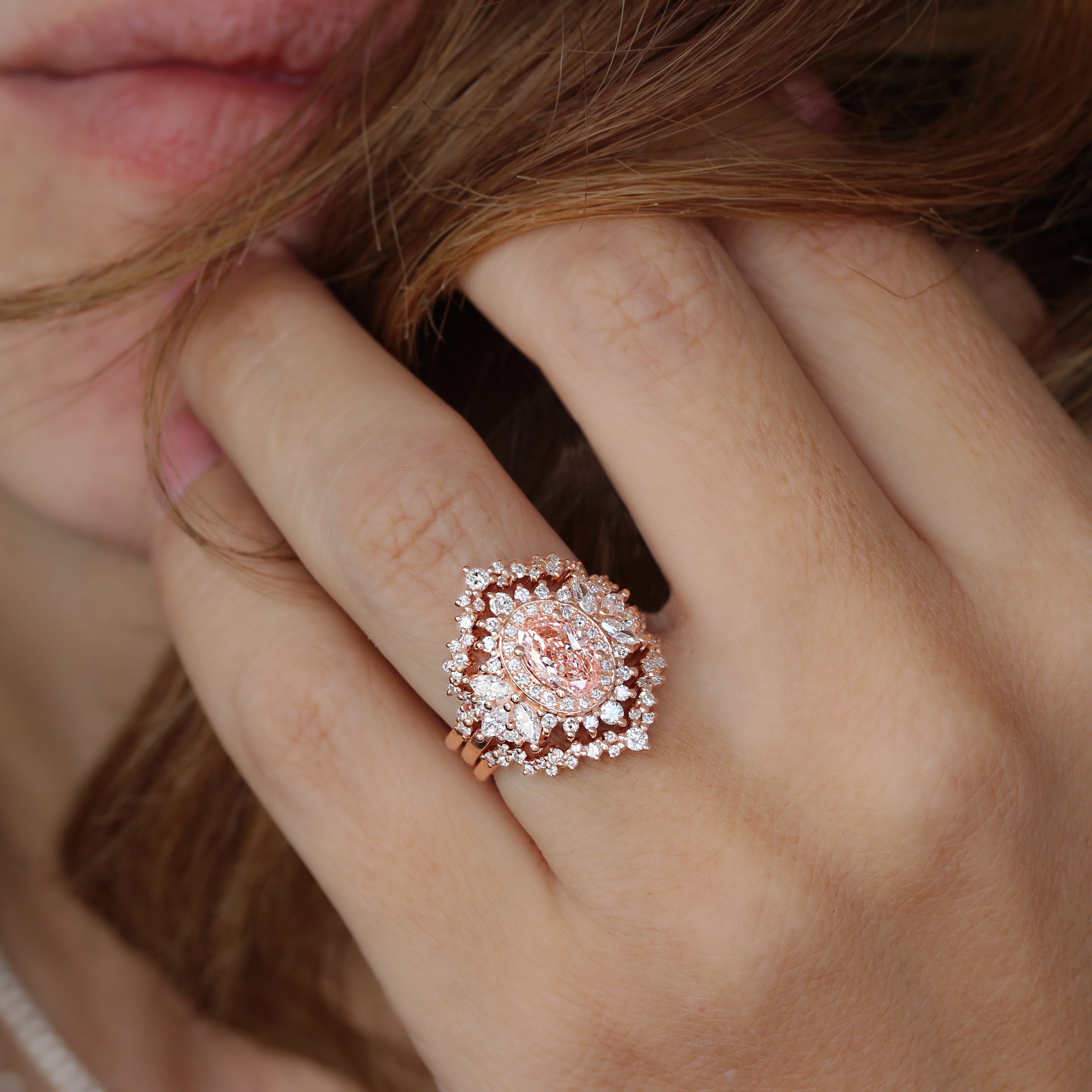 Pink Diamond Double Halo Engagement Ring with a Matching Ring Guard - Monaco