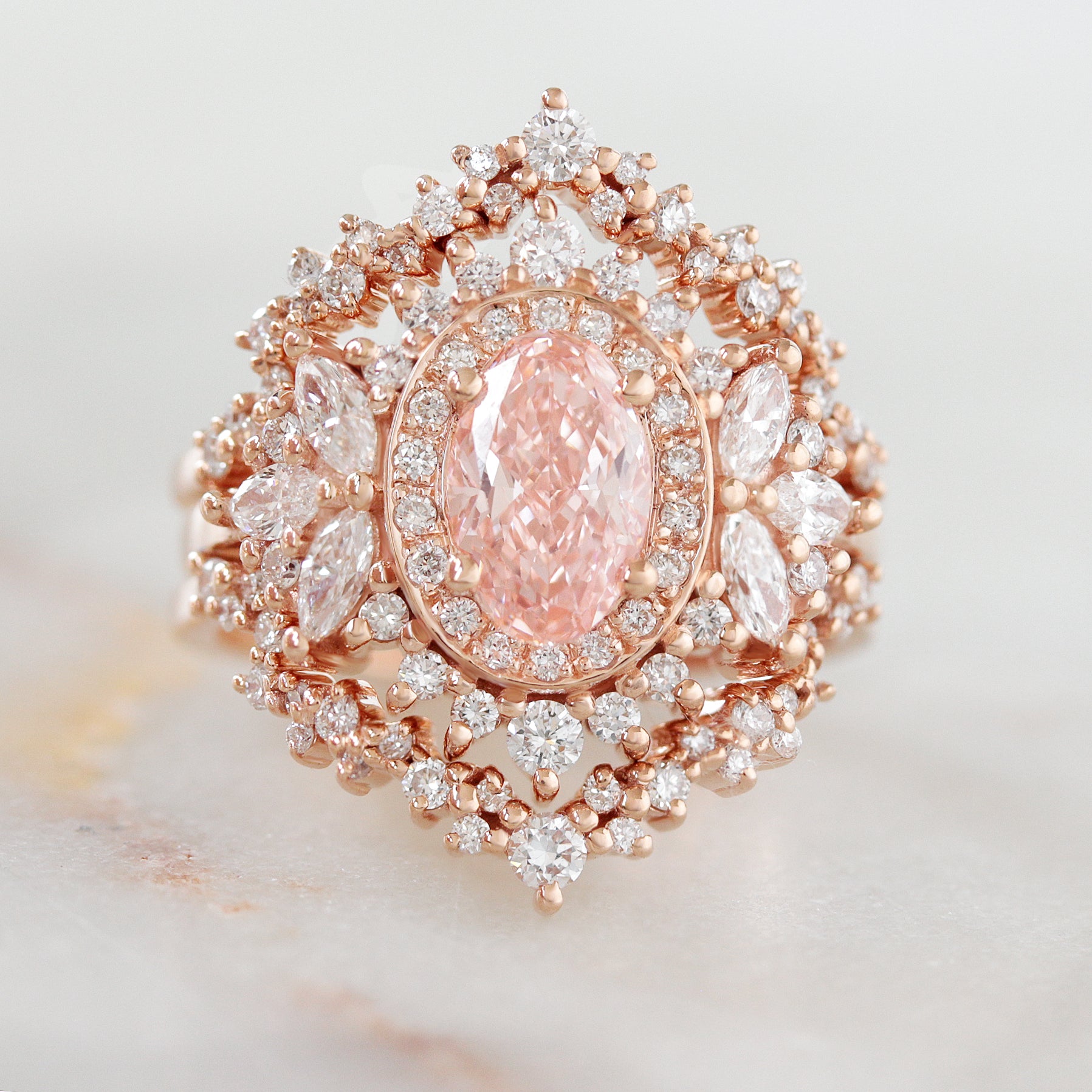 Pink Diamond Double Halo Engagement Ring with a Matching Ring Guard - Monaco