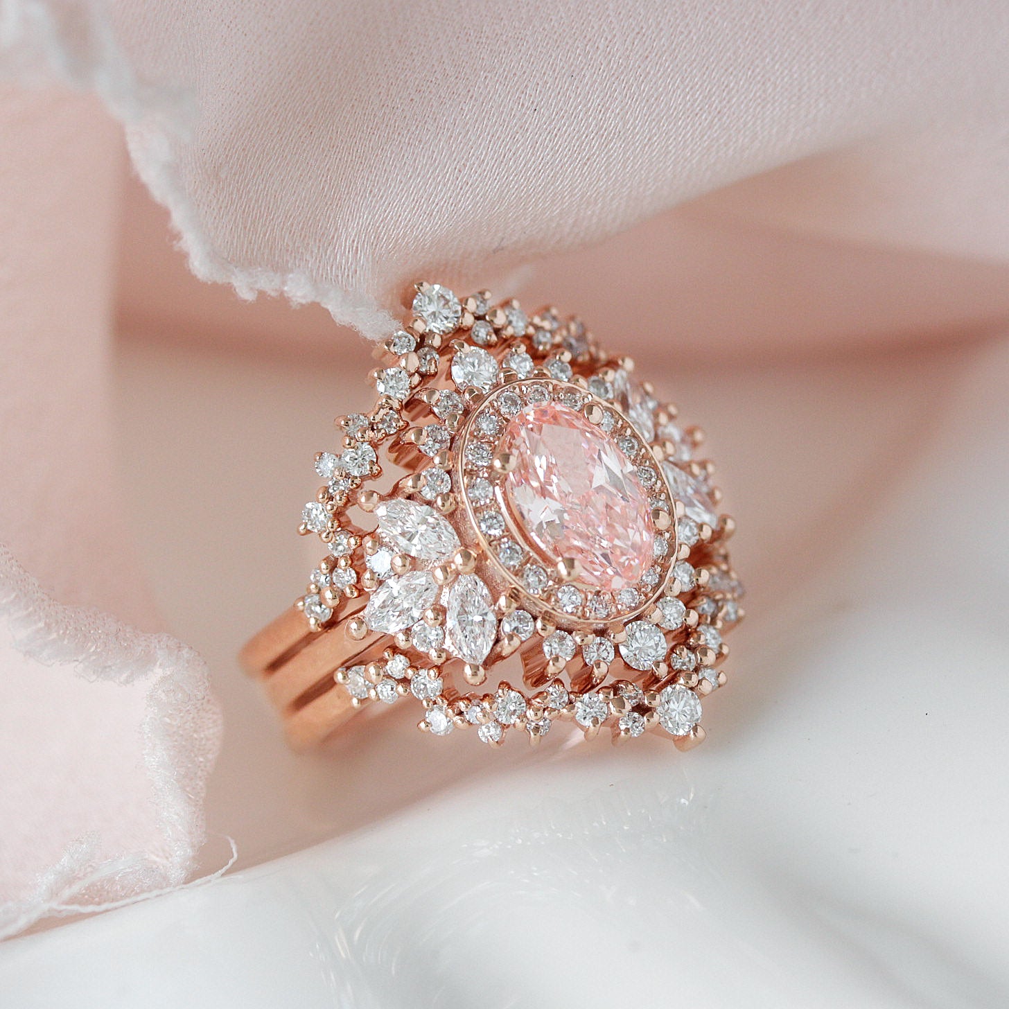 Pink Oval Diamond Double Halo Engagement Ring with a Matching Ring Guard - Monaco