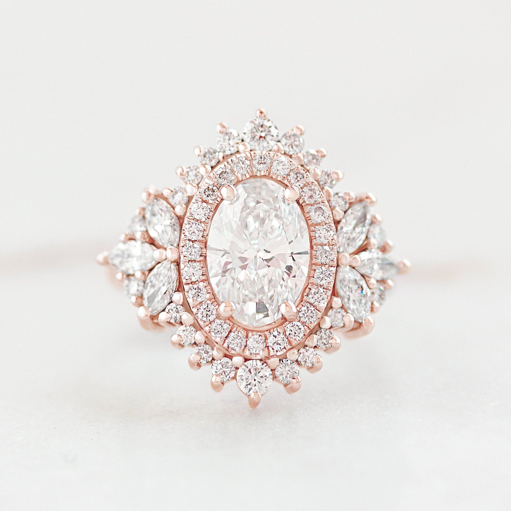 Double halo 1.5ct oval diamond royal engagement ring Monaco rose gold made by silly shiny diamonds 