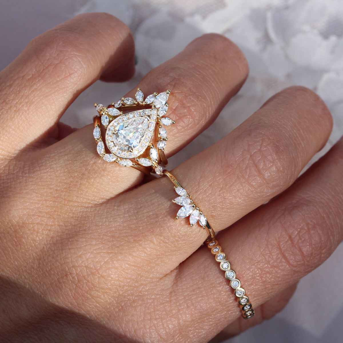 Unique Pear Diamond Engagement Two Rings Set "Muse"