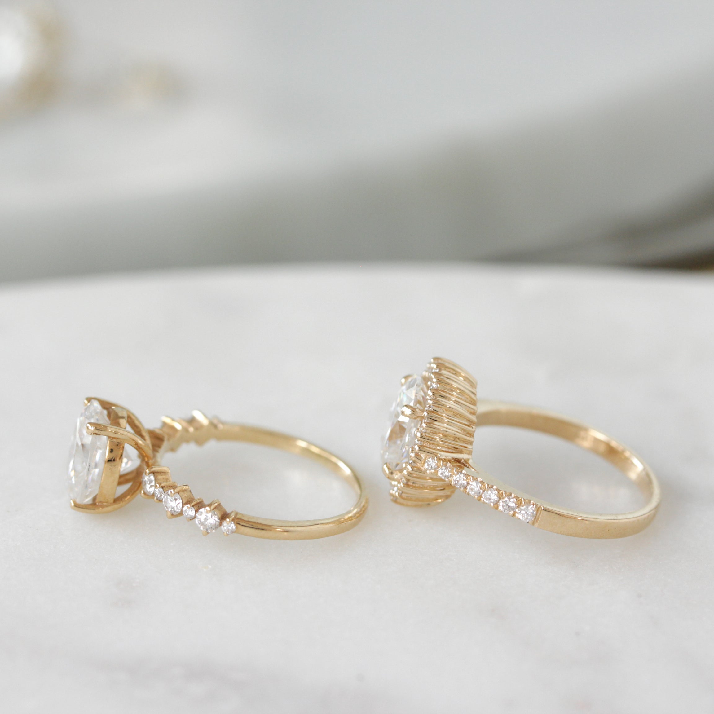 Oval Diamond Halo Engagement ring "Nia' & Two "Hermes" Nesting Bands Three Rings Set