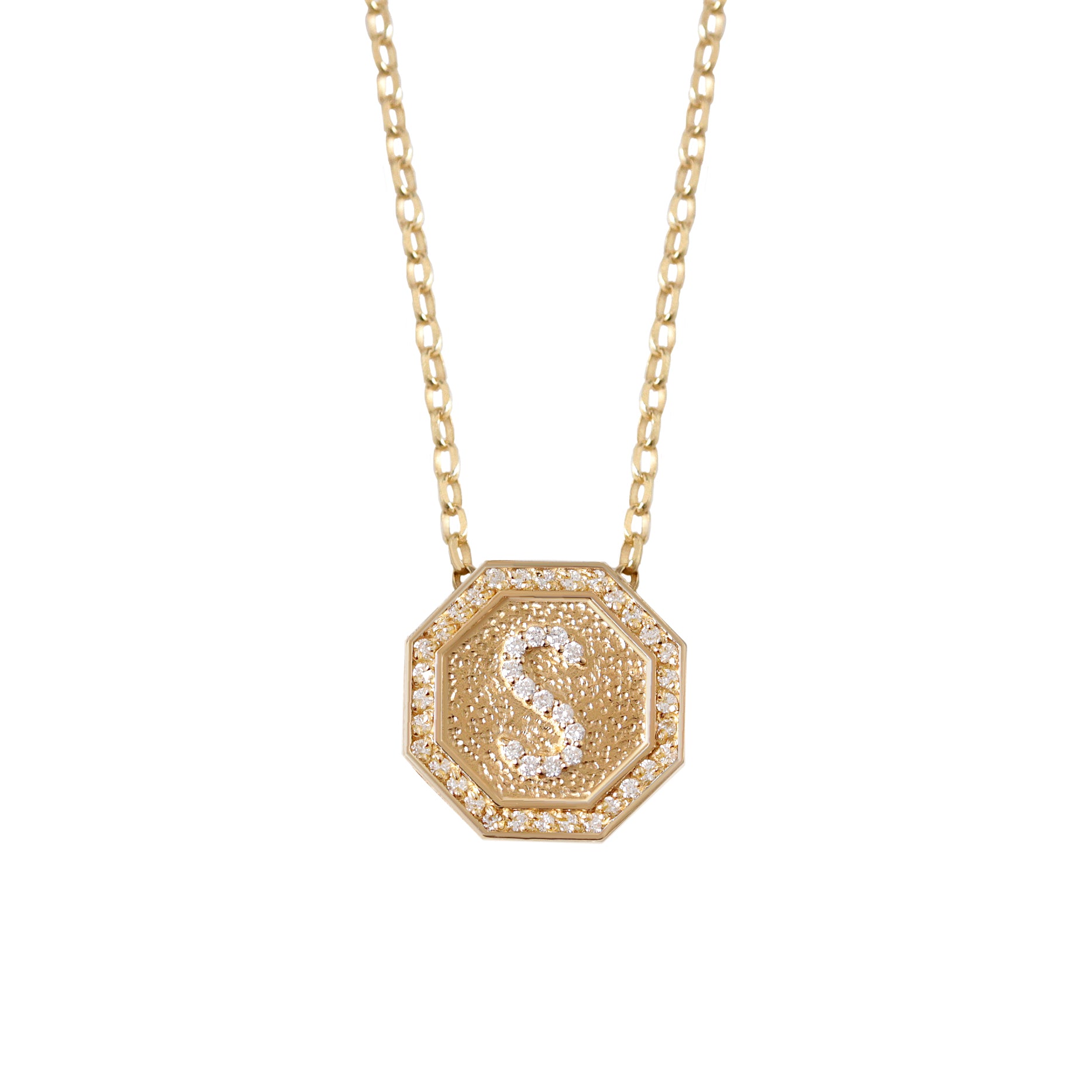 Octagon Coin Pave Diamond Initial Necklace