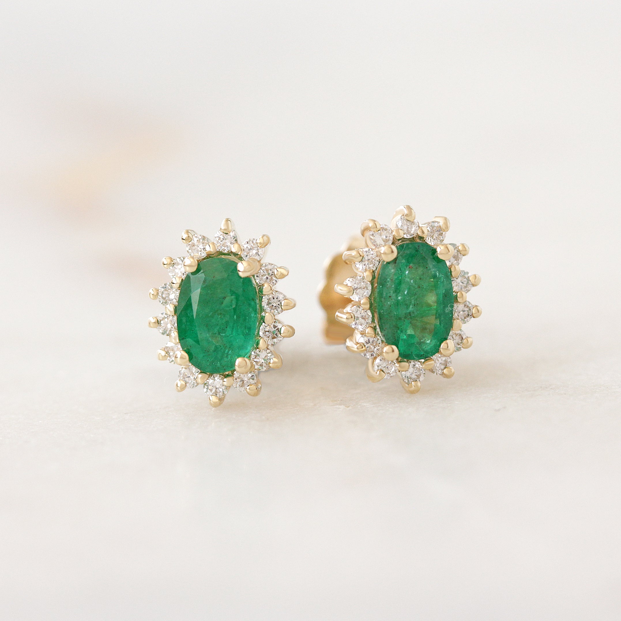 Oval Emerald Diamond Halo Stud Earrings