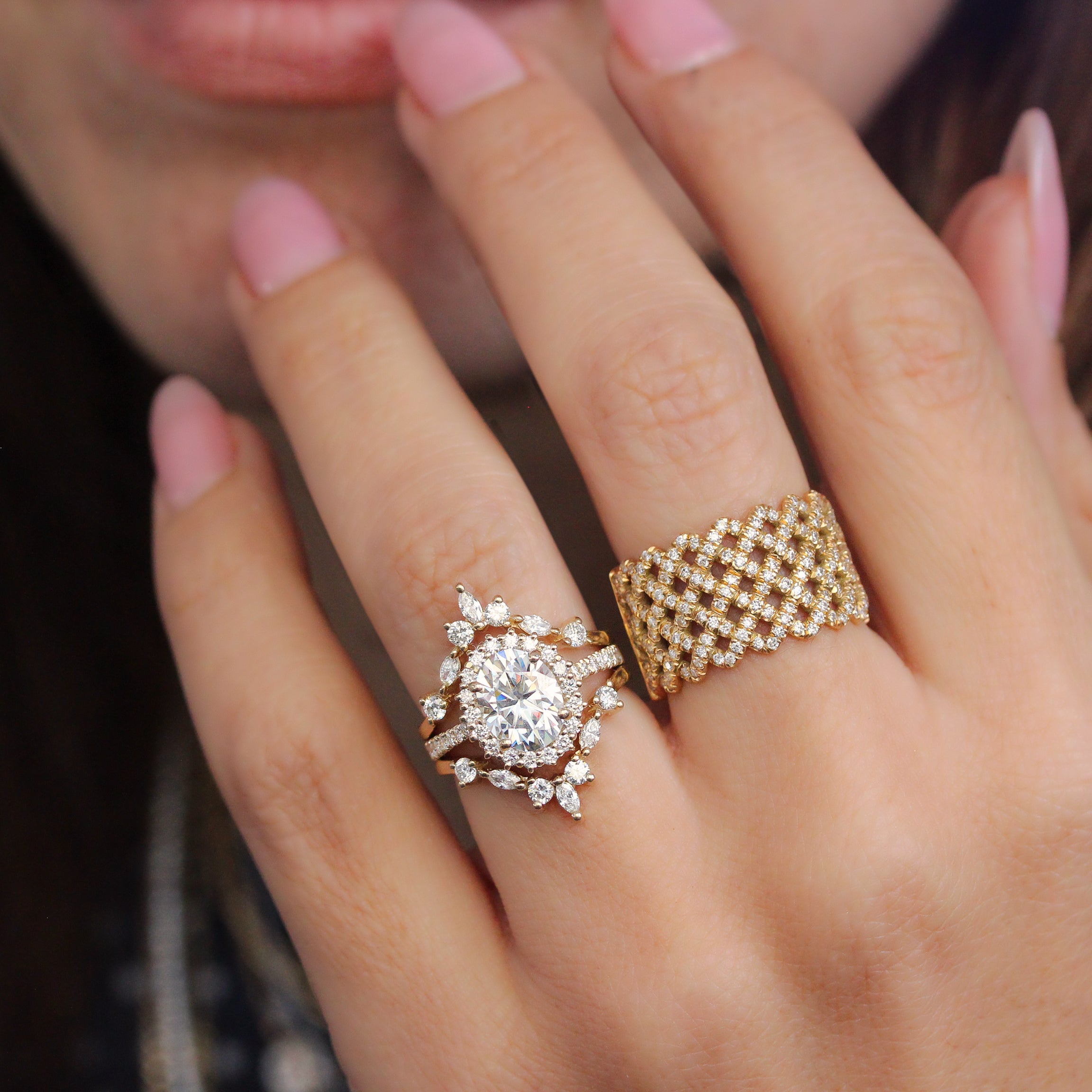 Oval Diamond Halo Engagement ring "Nia' & Two "Hermes" Nesting Bands Three Rings Set