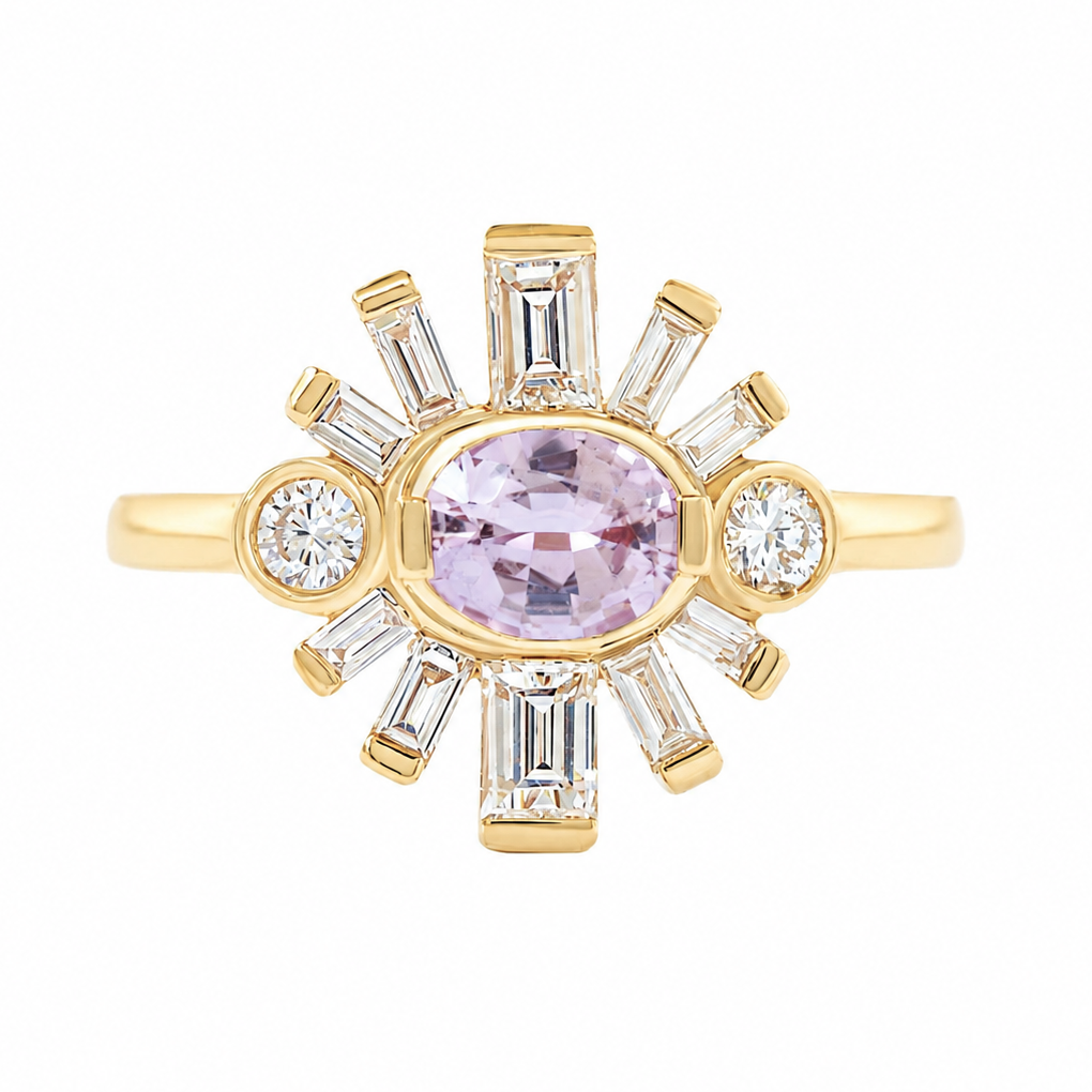 Oval Pink Sapphire & Baguette Diamonds Sun Ring