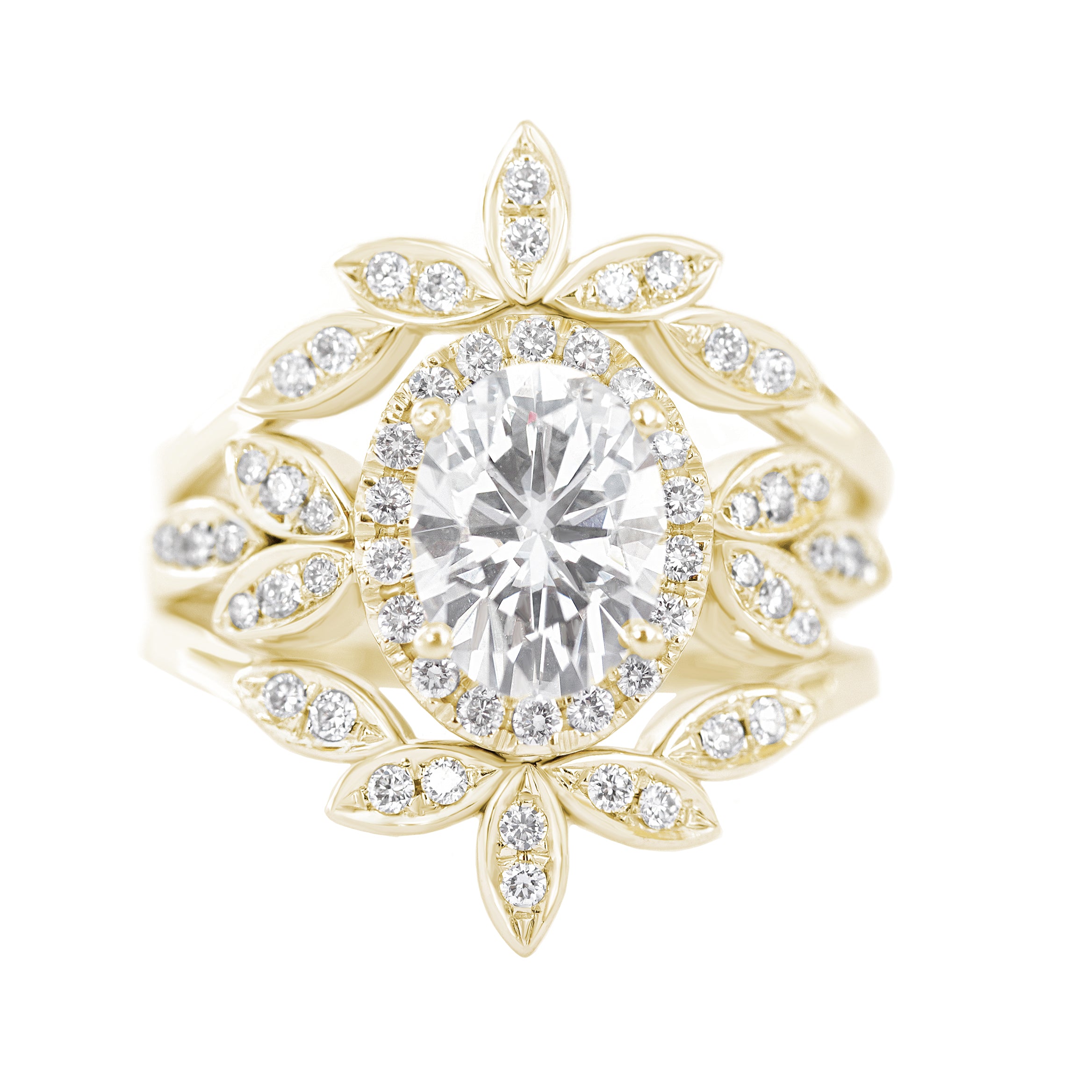white lily diamonds Oval Diamond Floral Three Rings Set Minimal Lily Natural Diamond GIA certified / Engagement ring + two 5 Leaves sideband / 14K Yellow Gold