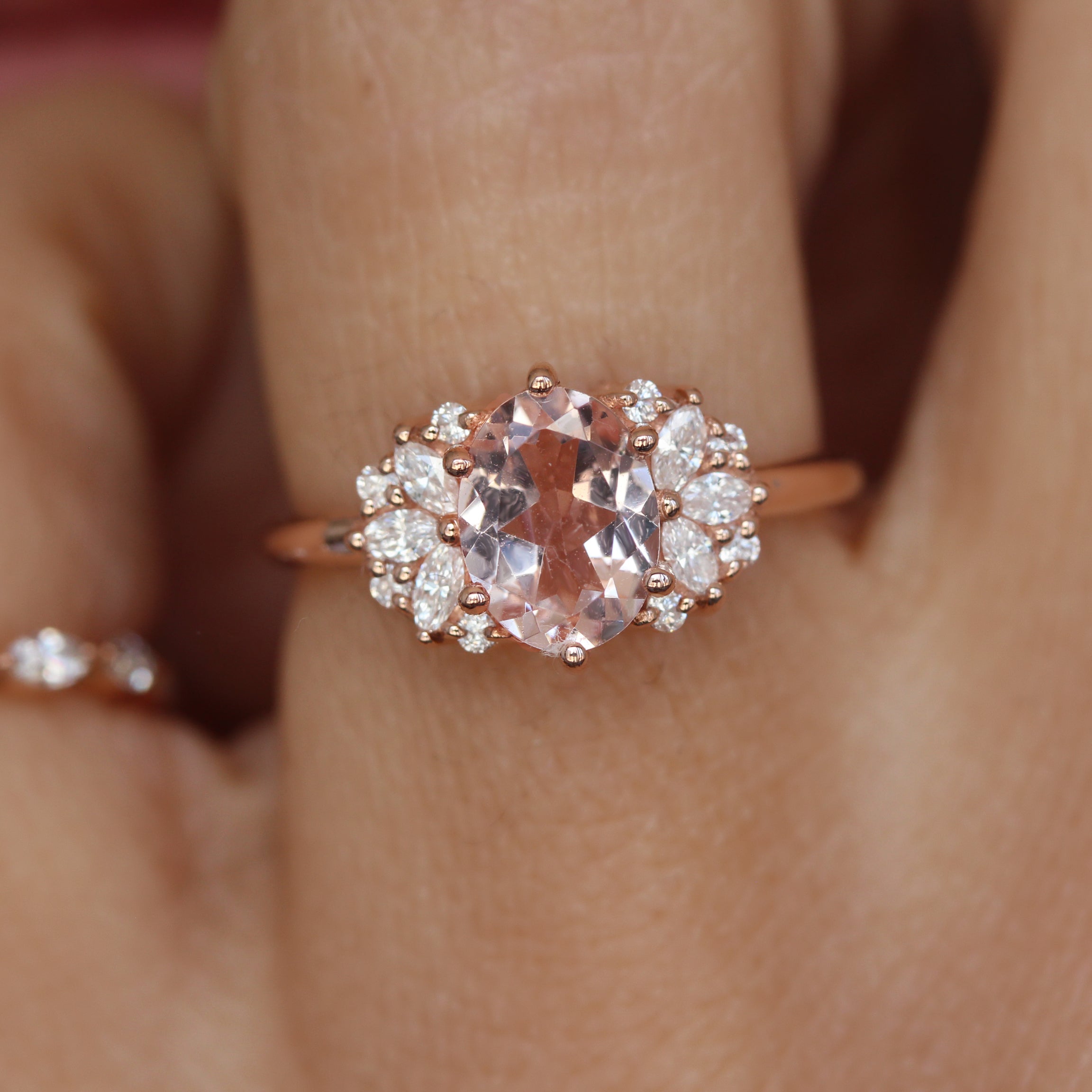 Oval Morganite and Marquise Diamonds Engagement Ring, 14K Rose Gold, "Rosalia", READY TO SHIP! ♥