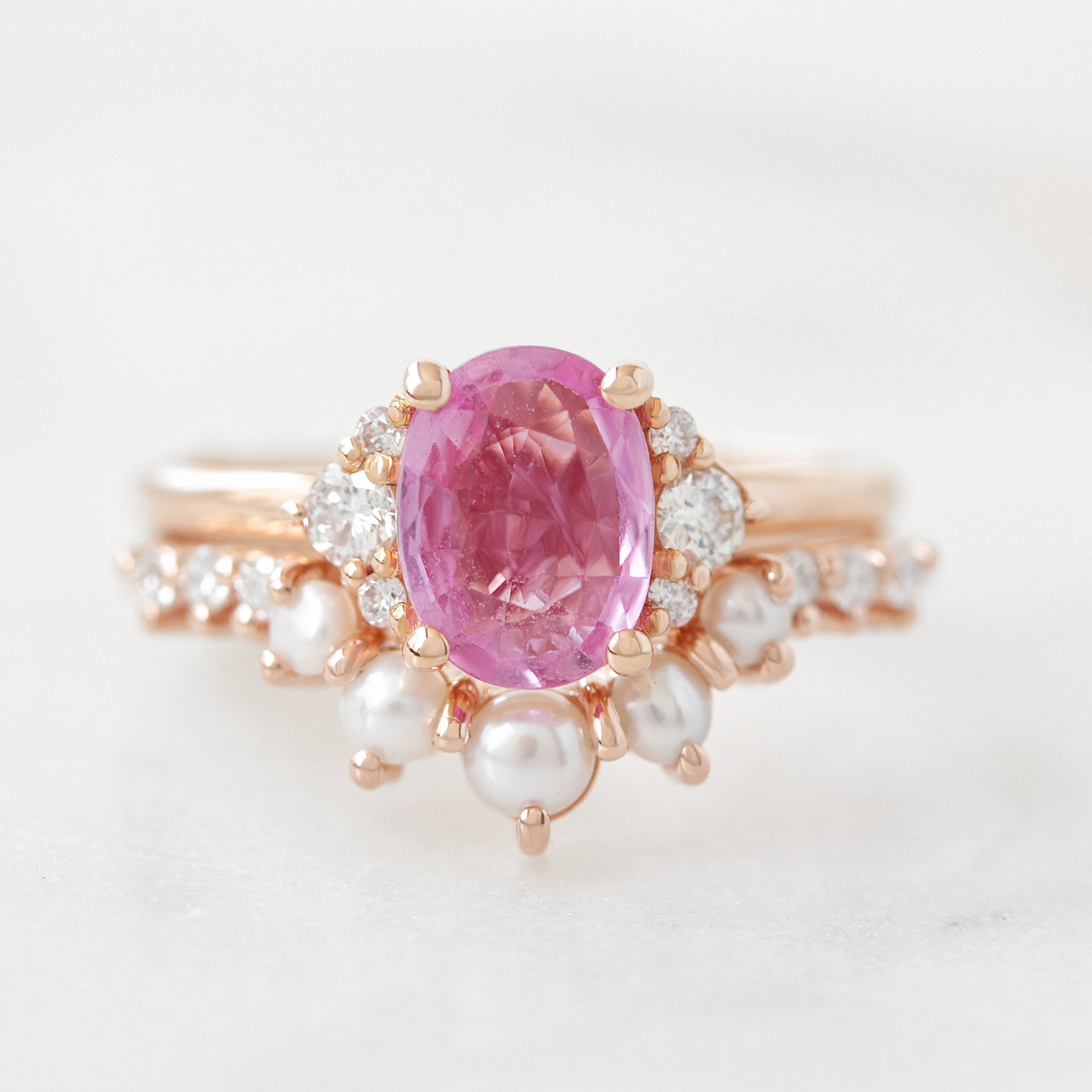 Oval vivid pink sapphire & diamonds ring, rose gold, “Isabella” . RTS