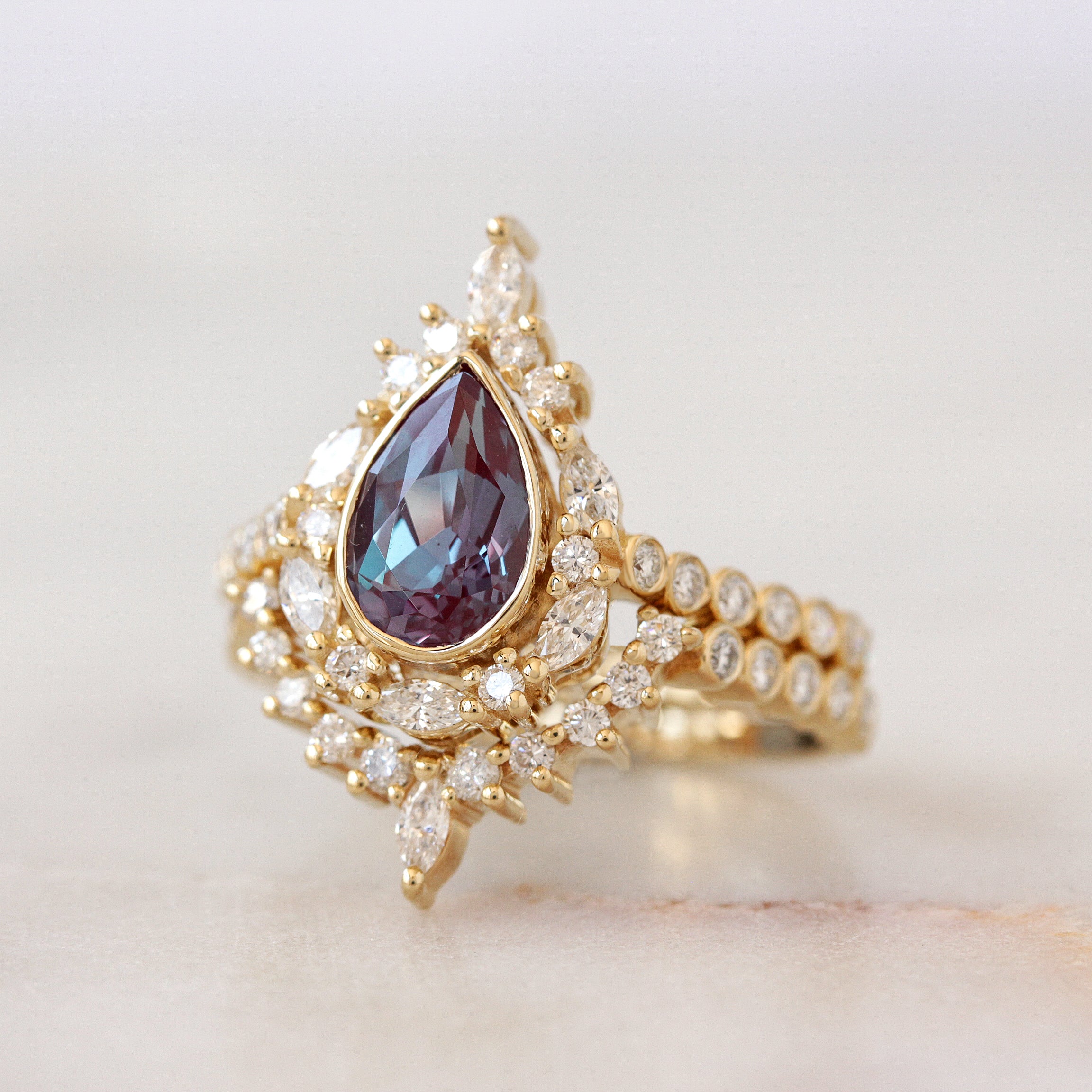 Pear Alexandrite Unique Engagement Ring Set, bezel band Eva Jess