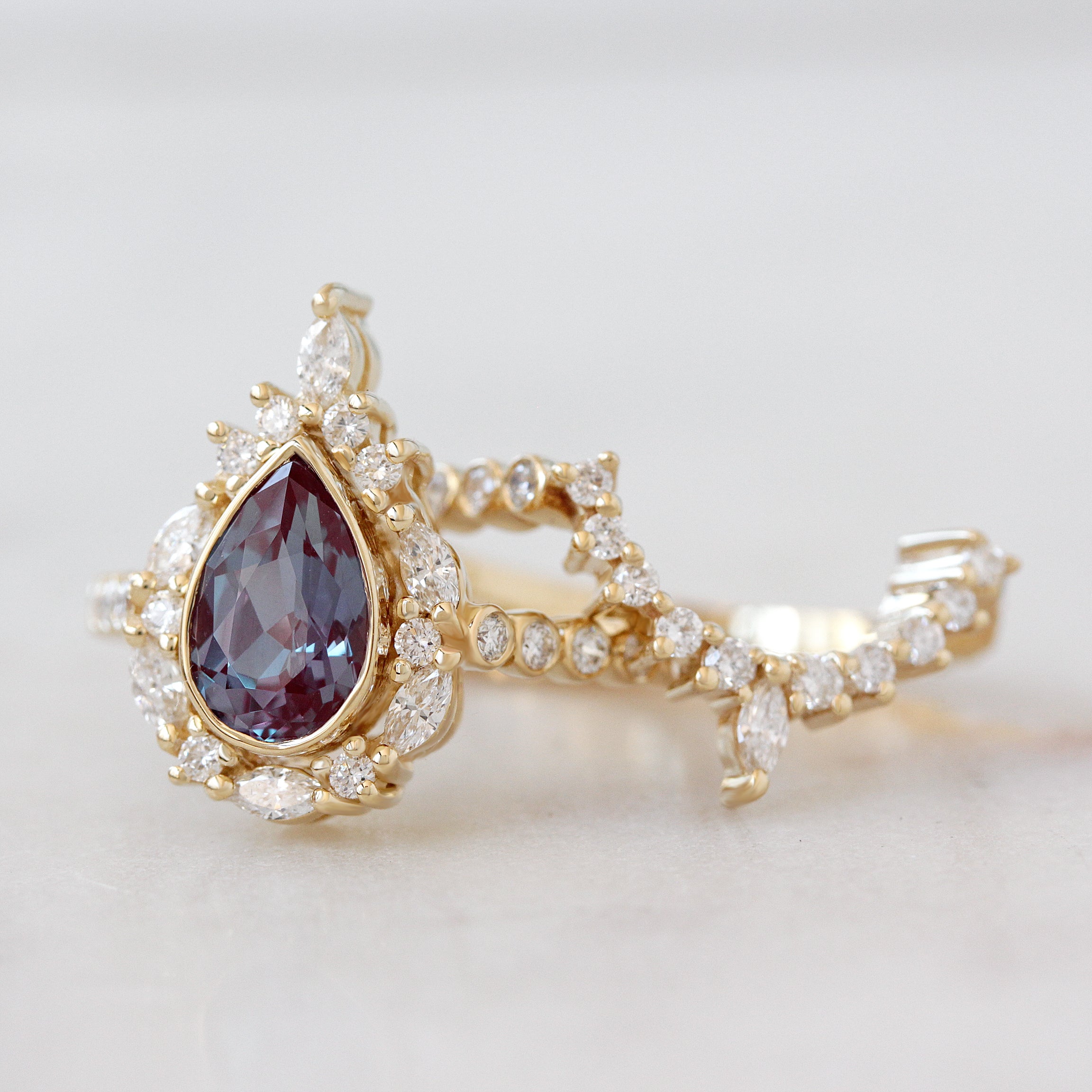 Pear Alexandrite Unique Engagement Ring Set, bezel band Eva Jess