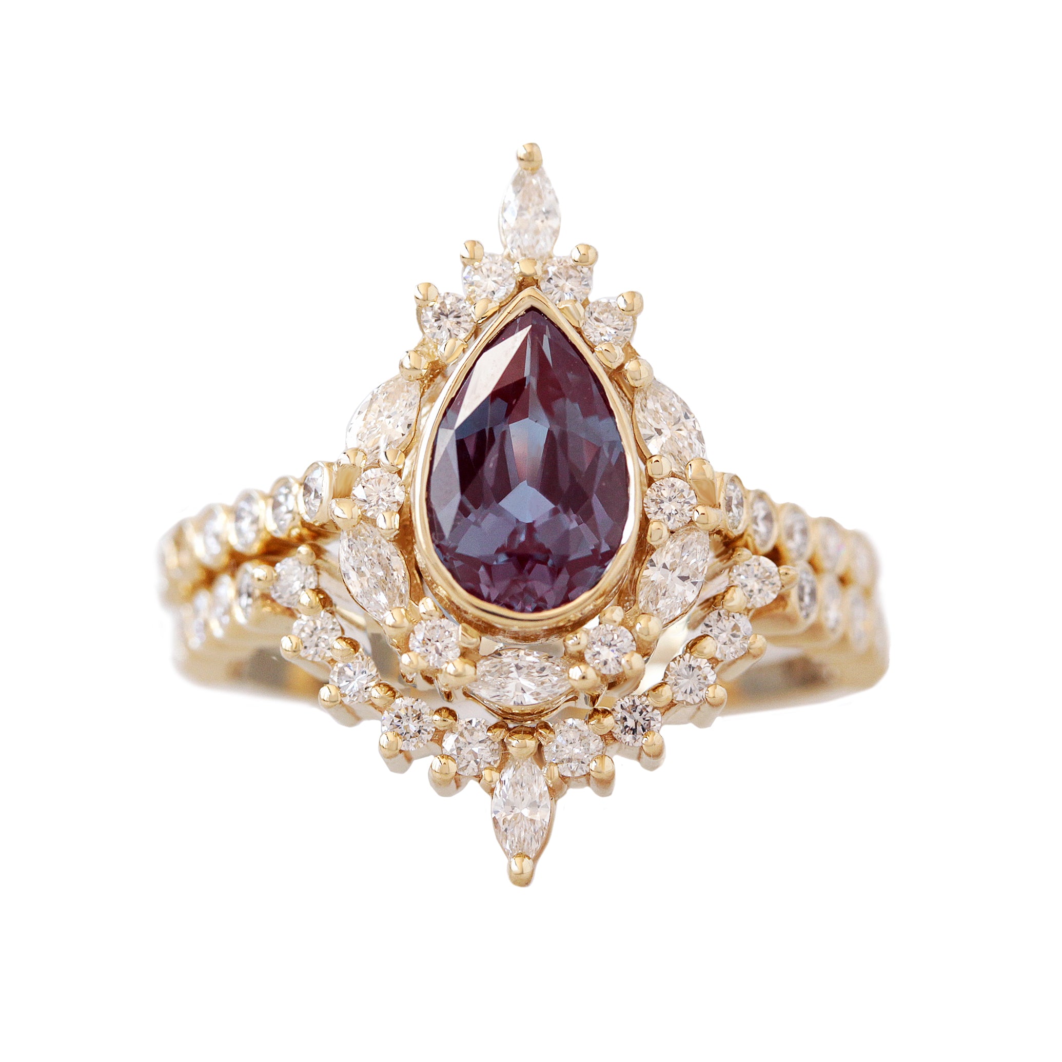 Pear Alexandrite Unique Engagement Ring Set, bezel band Eva Jess