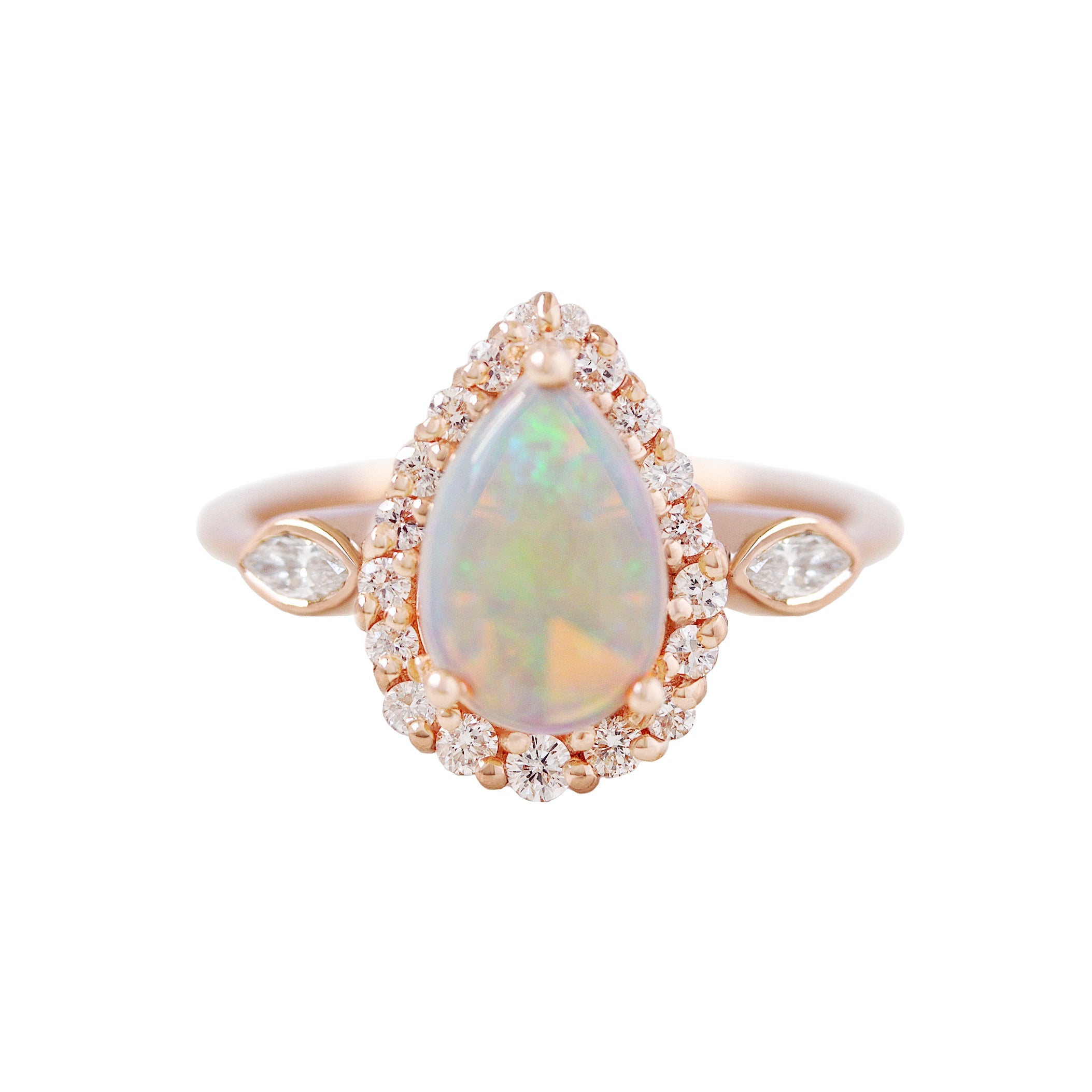 Pear Opal Marquise Diamond Halo Engagement Ring, 14K Rose Gold, 'Zoe', READY TO SHIP! ♥