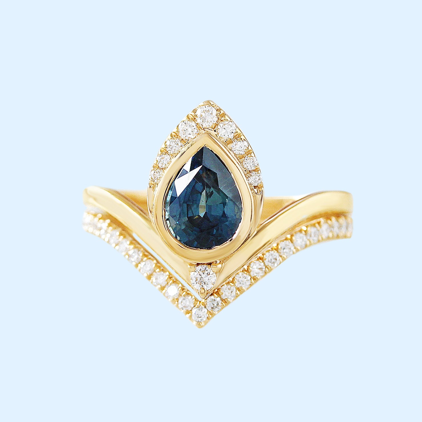 Pear Teal Sapphire and Diamonds Halo Unique Engagement Ring Set - Atyasha