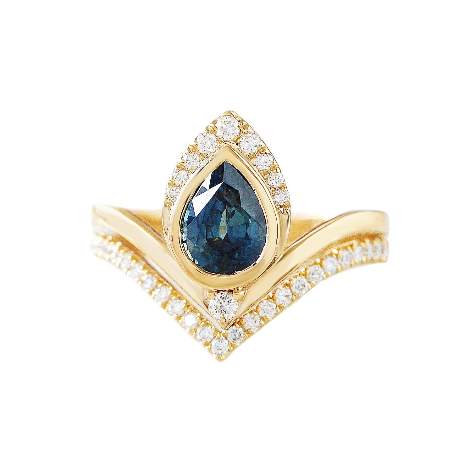 A pear-shaped teal sapphire engagement ring with a halo of white diamonds set in a yellow gold band, accompanied by a matching wedding band.