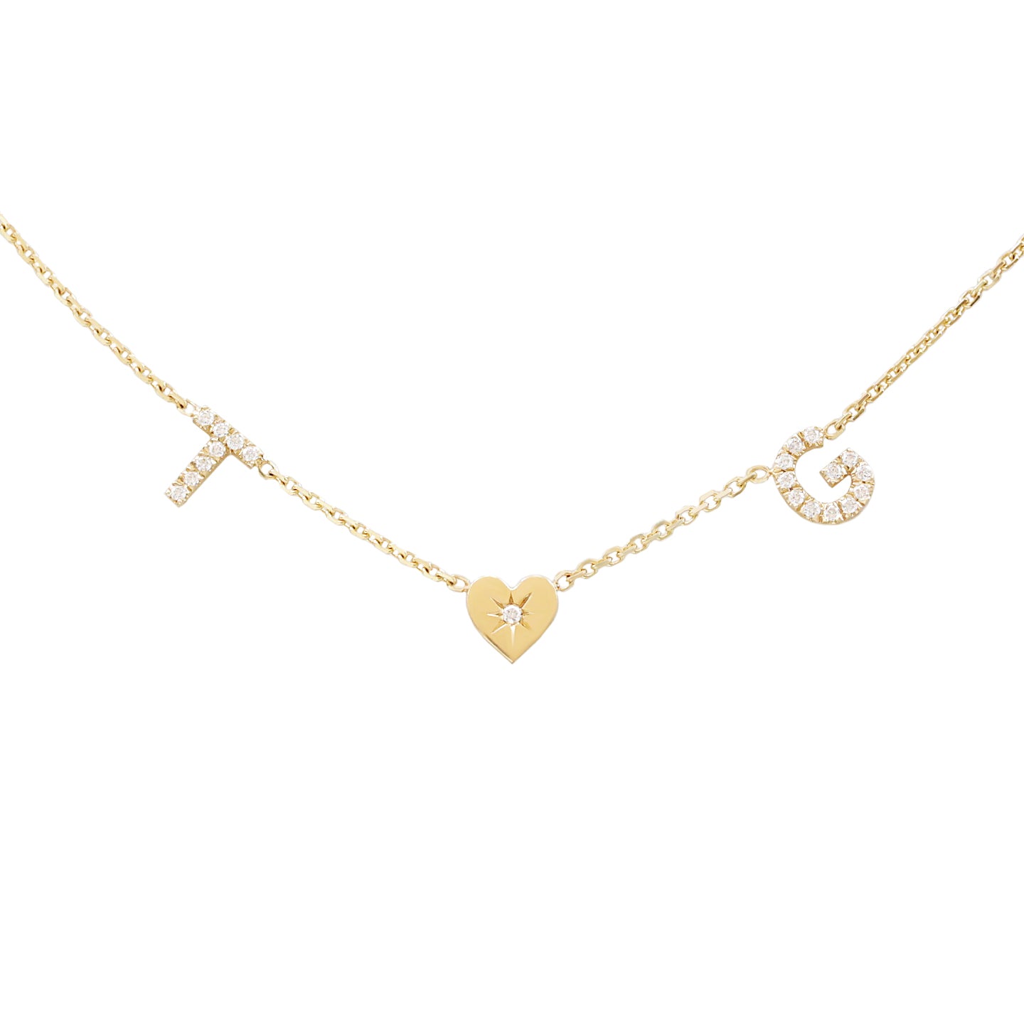 two diamond initials a heart yellow gold diamond personalized name necklace
