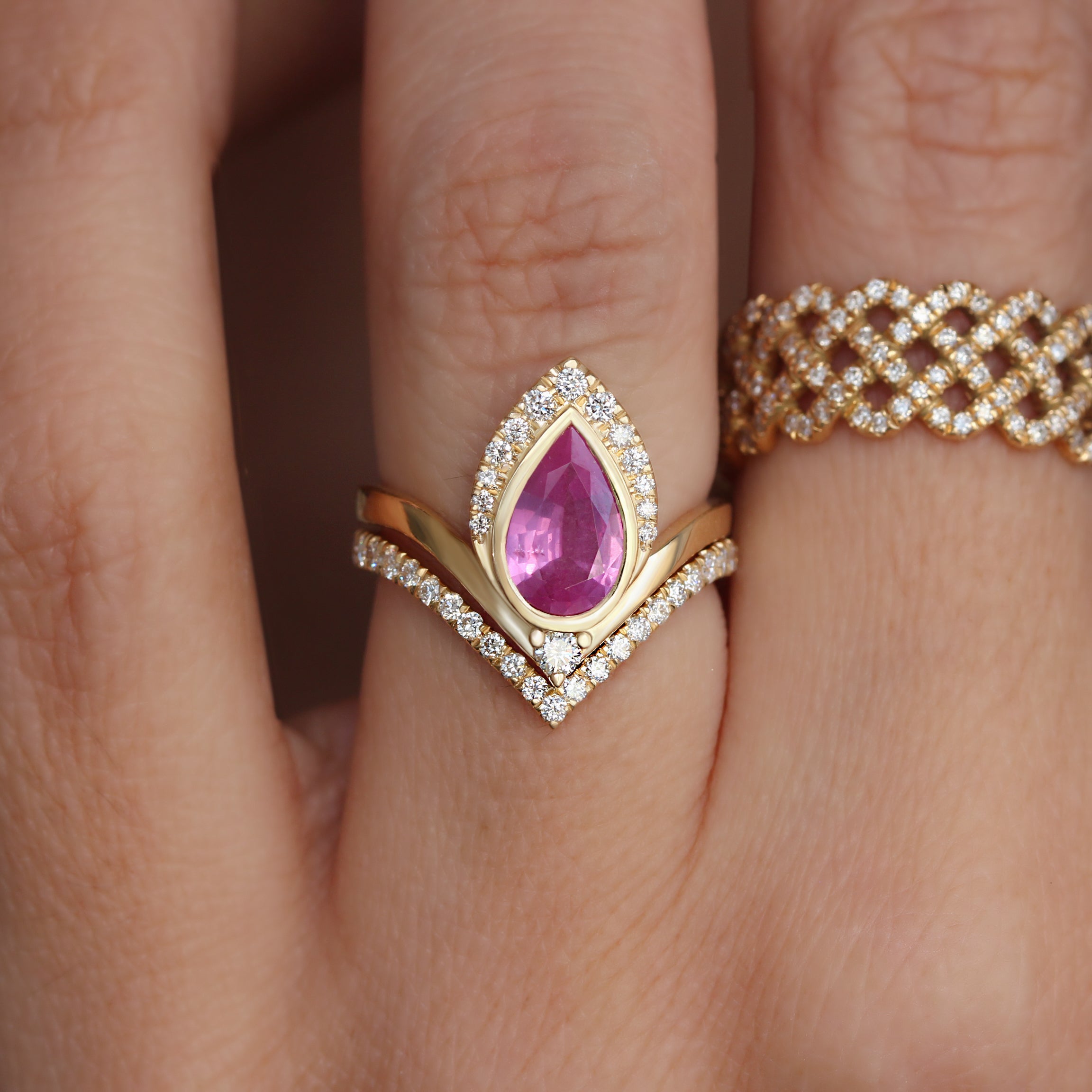 Pink Sapphire Pear Shape and Diamonds Halo Unique Engagement Ring Set - Atyasha