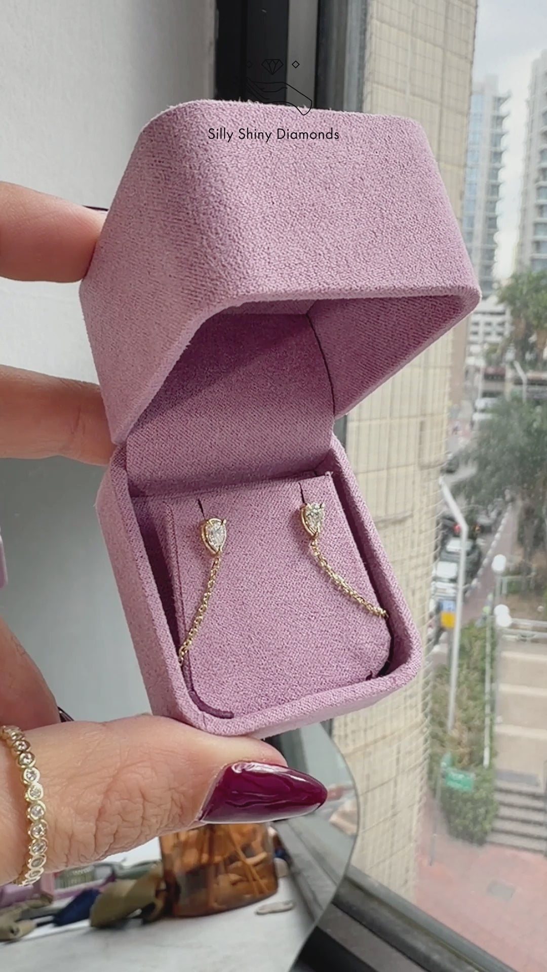 Pear Diamond Chain Drop Earrings, pear diamond earrings, stud earrings, chain drop earrings, everyday earrings