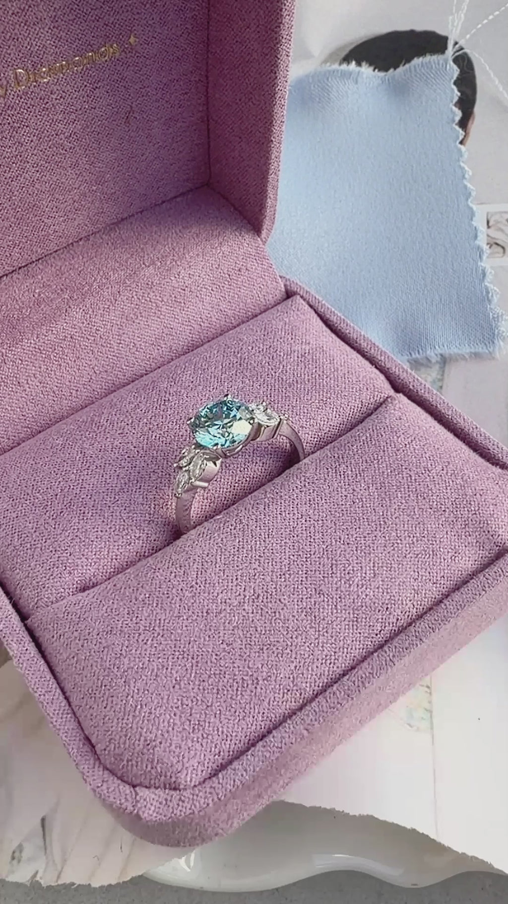 1.75 Carat Blue Lab Diamond Engagement Ring, Penelope, blue lab diamond, round diamond, marquise diamonds, gold