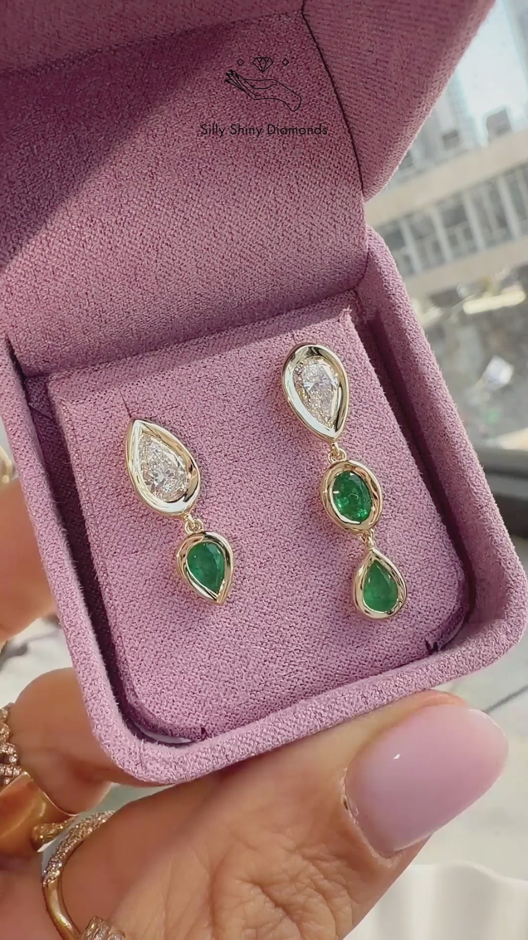 Pear Diamond and Emerald Bezel Set Short Drop Earrings, pear shape , diamond, emerlad, drop earrings, bezel setting